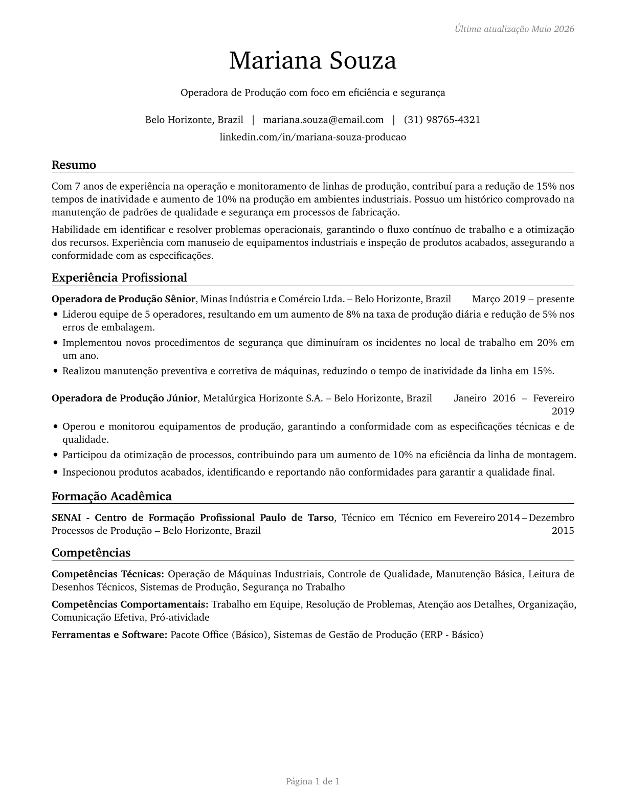 Production Workers, All Other CV in Portuguese — page 1