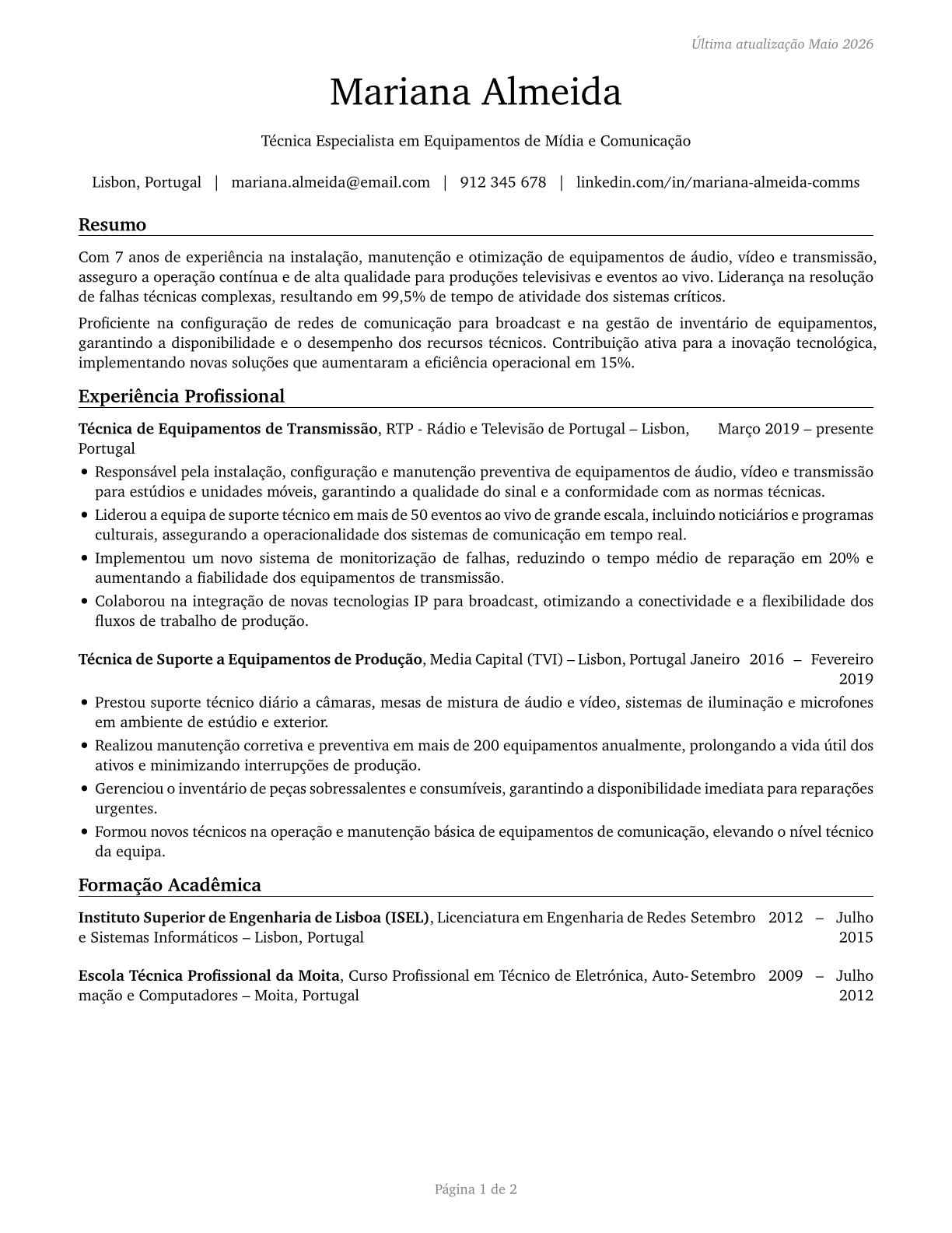 Media and Communication Equipment Workers, All Other CV in Portuguese — page 1