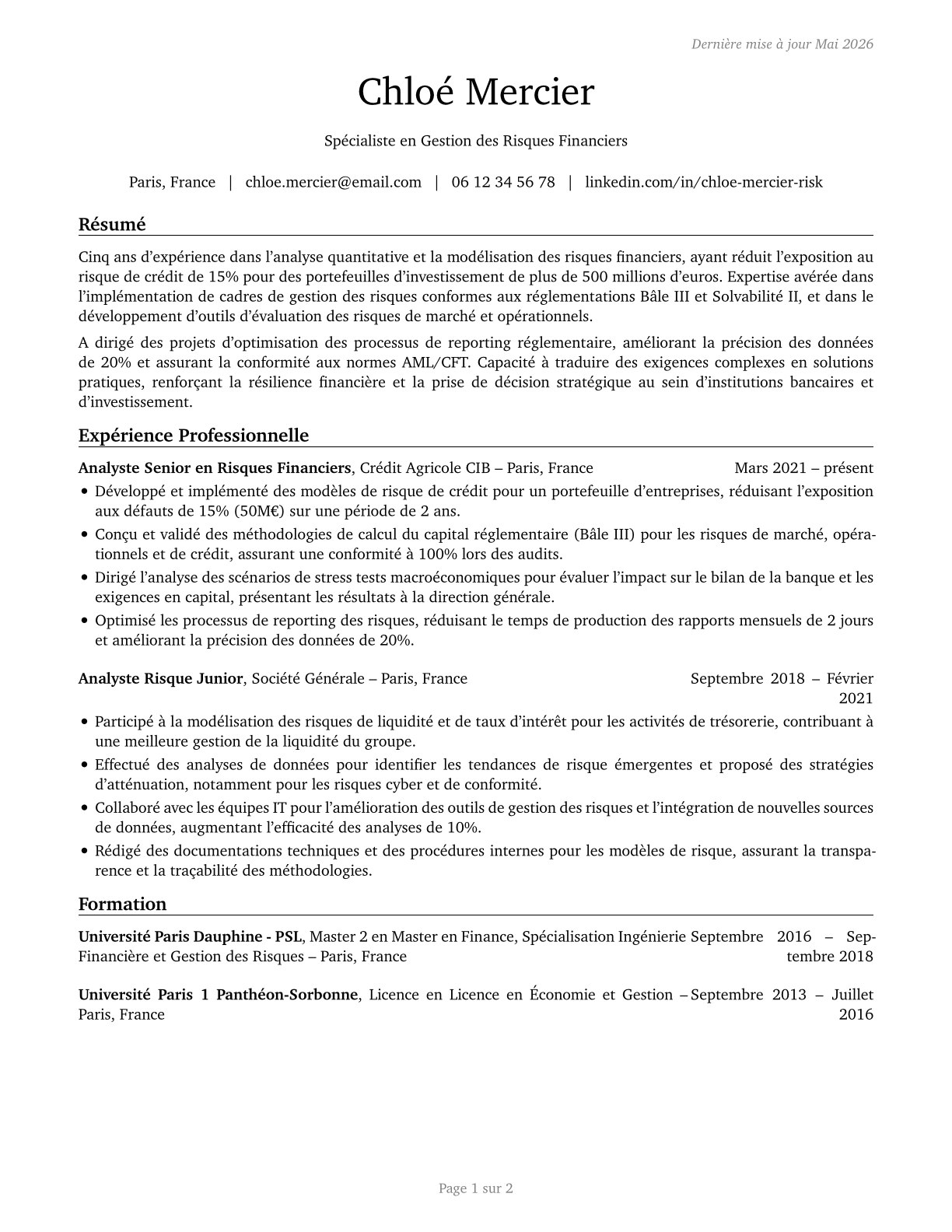 Financial Risk Specialists CV in French — page 1