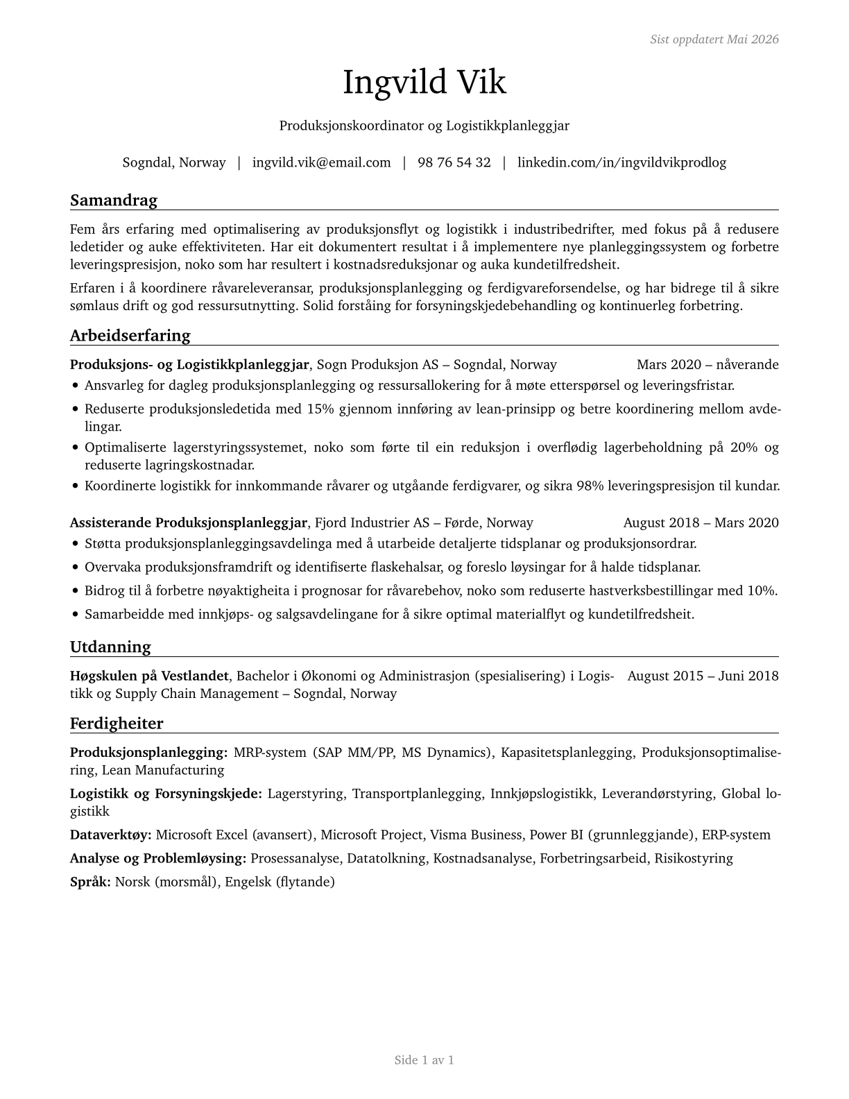 Production, Planning, and Expediting Clerks CV in Norwegian_nynorsk — page 1
