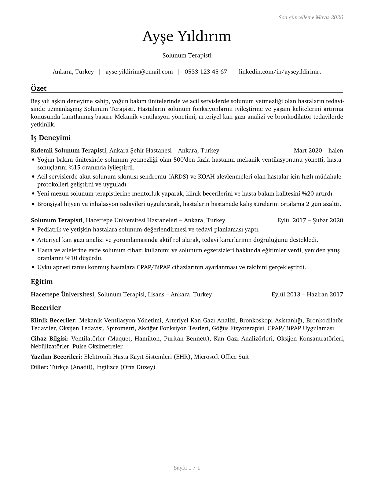Respiratory Therapists CV in Turkish — page 1