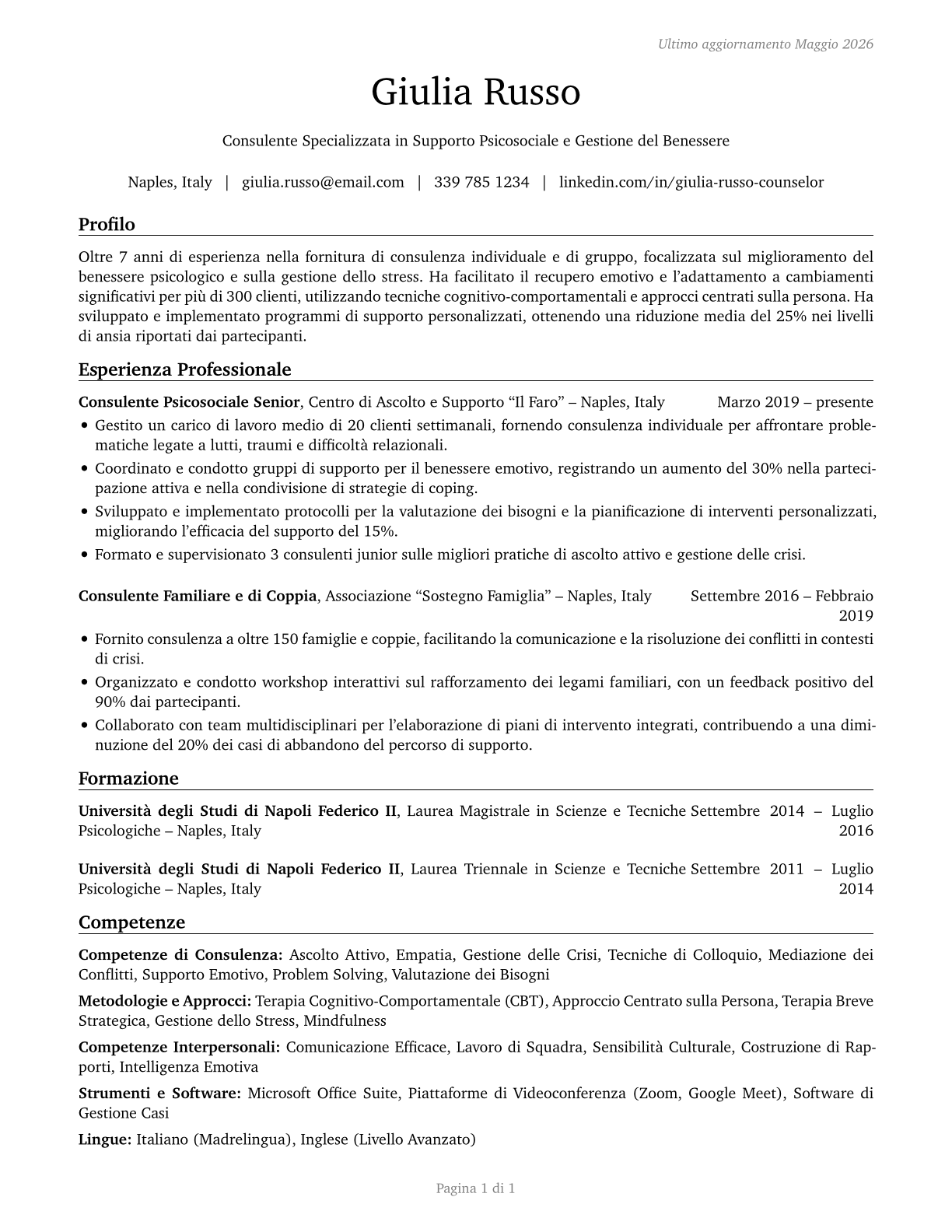 Counselors, All Other CV in Italian — page 1