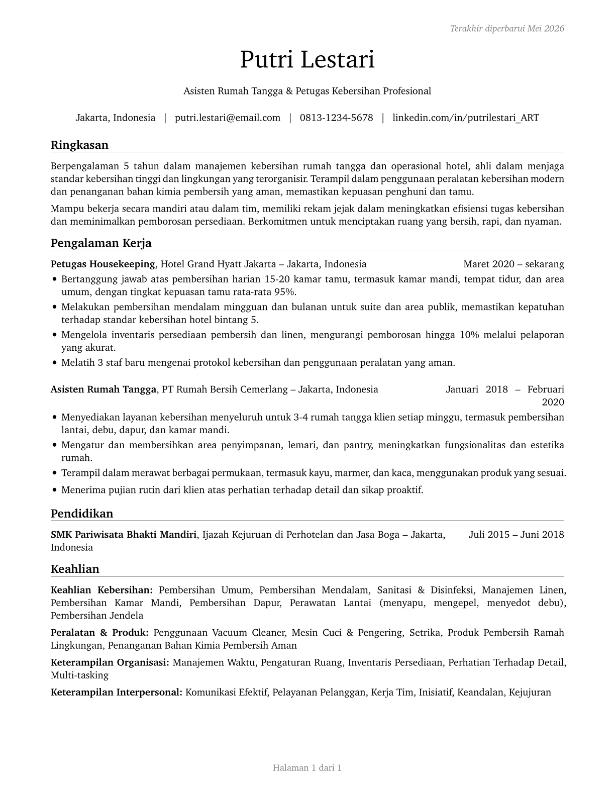 Maids and Housekeeping Cleaners CV in Indonesian — page 1