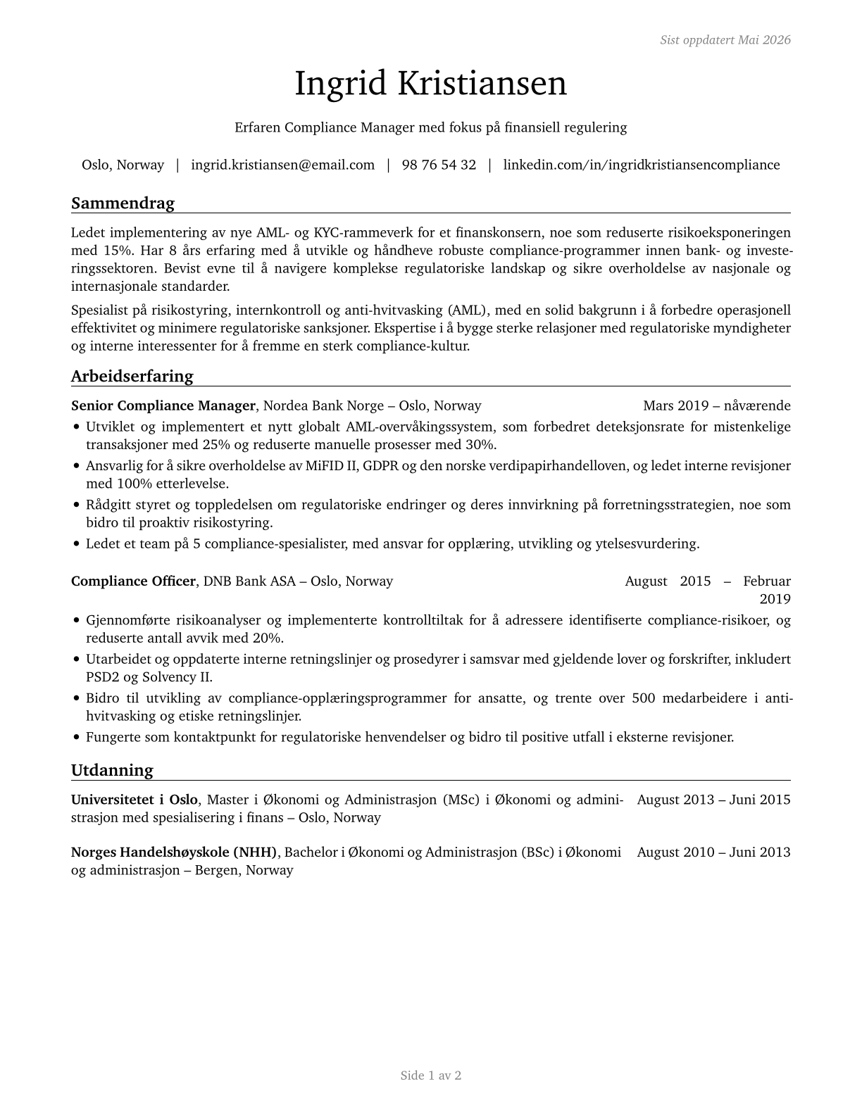 Compliance Managers CV in Norwegian_bokmal — page 1