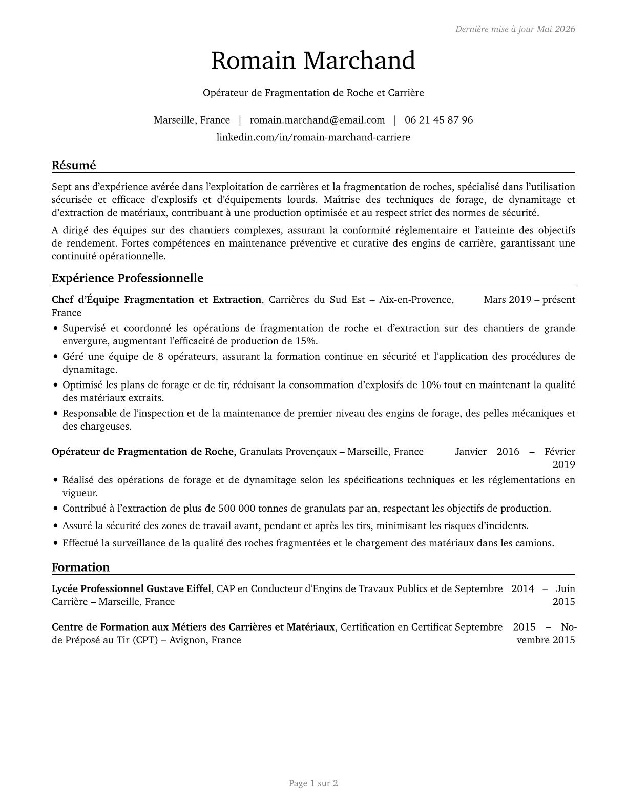 Rock Splitters, Quarry CV in French — page 1