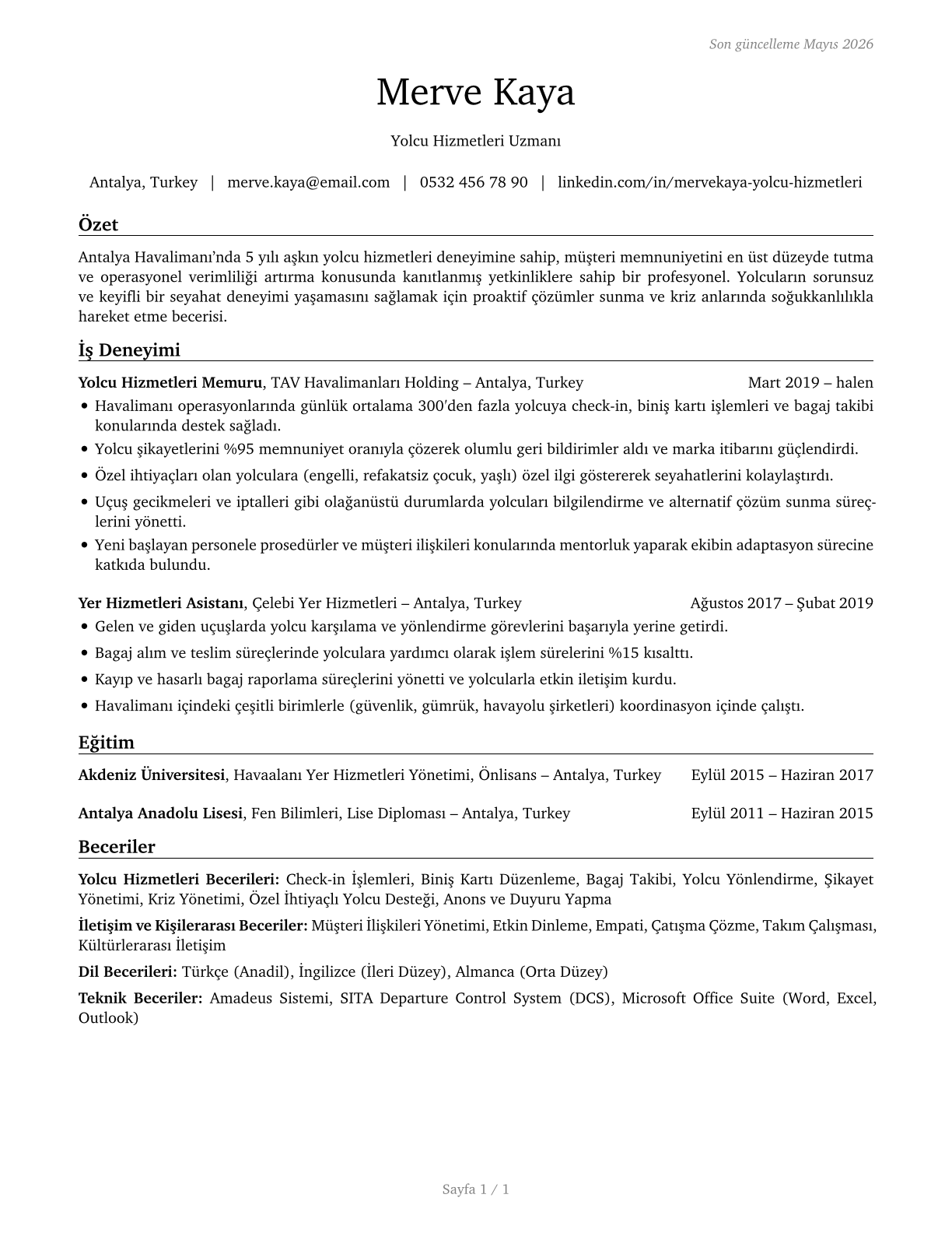 Passenger Attendants CV in Turkish — page 1