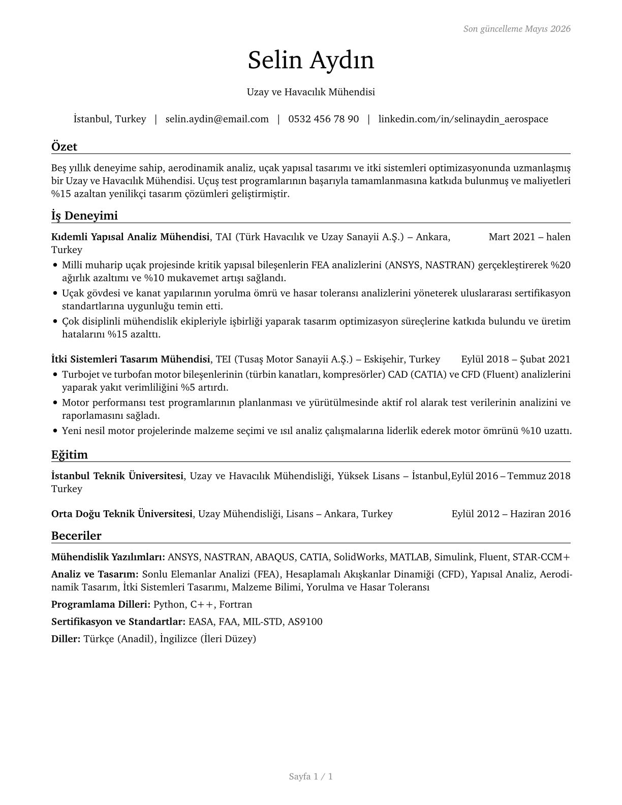 Aerospace Engineers CV in Turkish — page 1