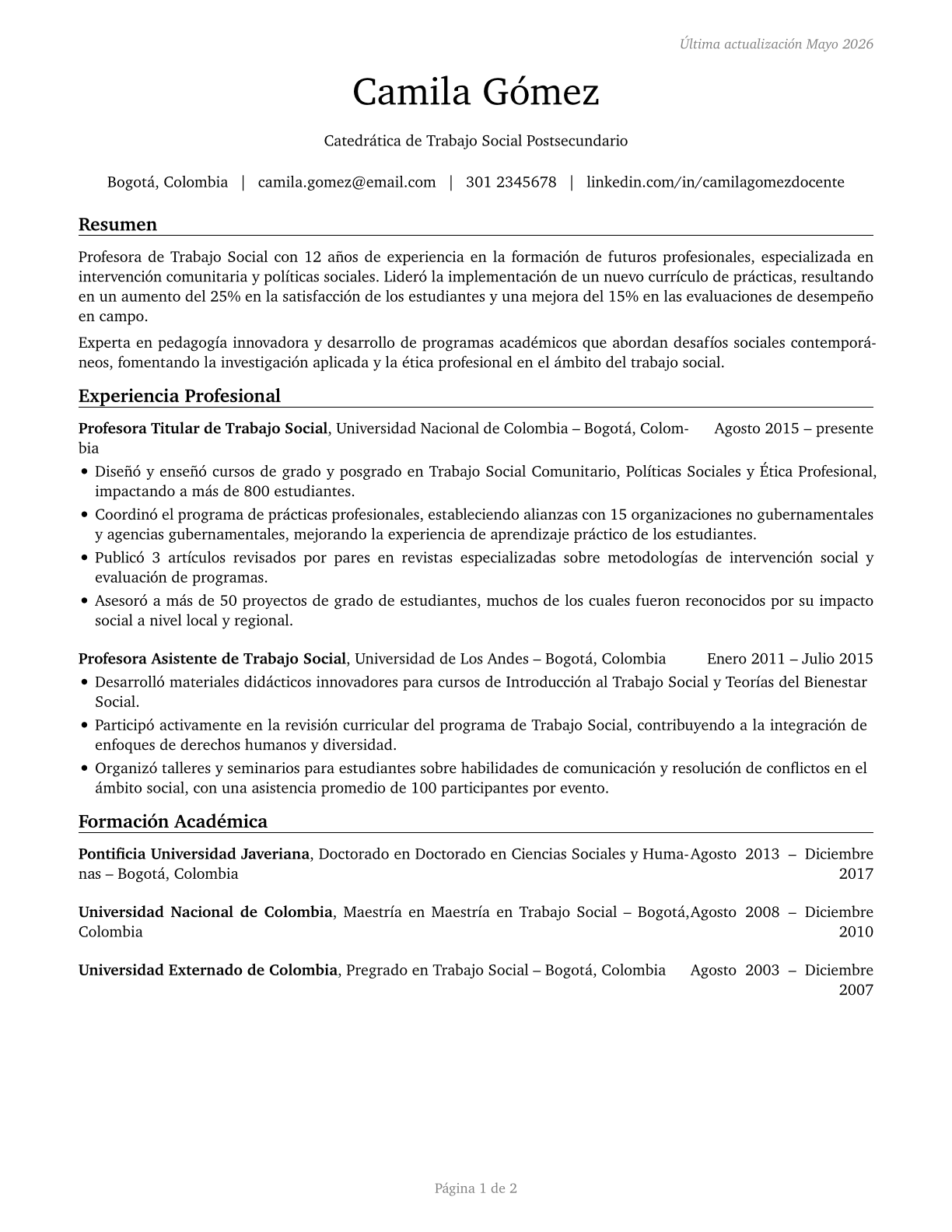 Social Work Teachers, Postsecondary CV in Spanish — page 1