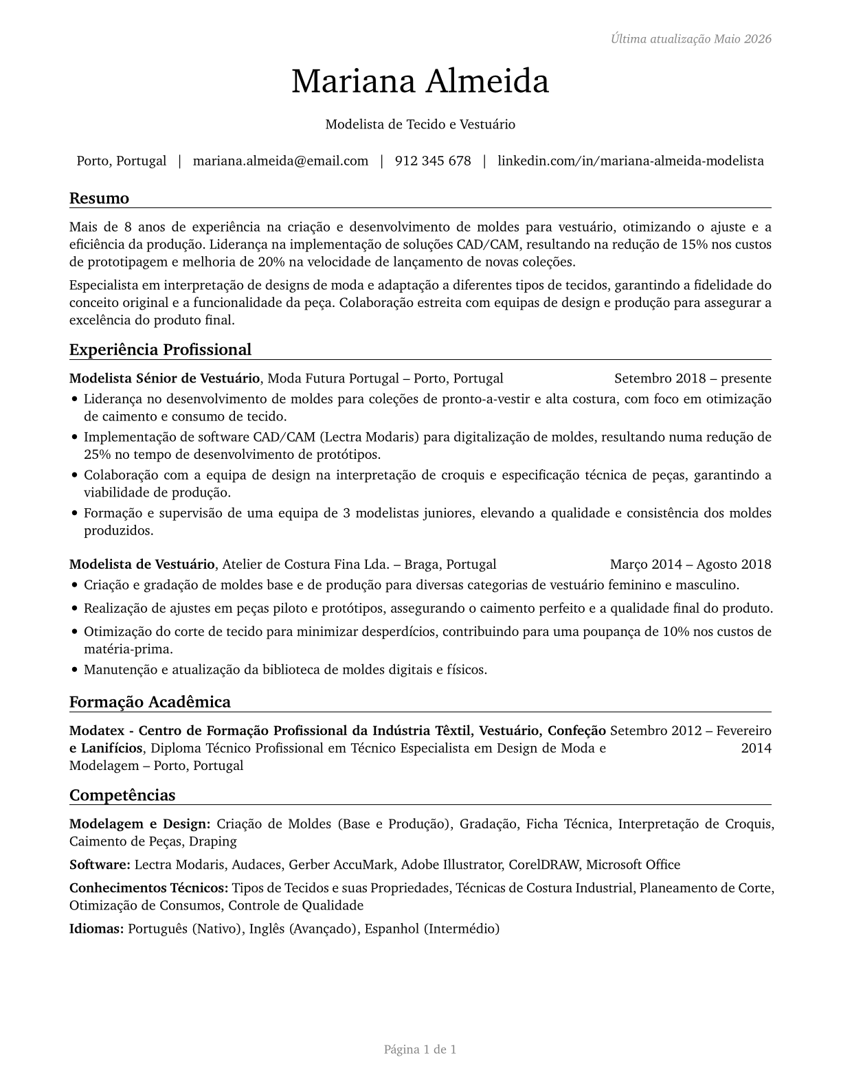 Fabric and Apparel Patternmakers CV in Portuguese — page 1