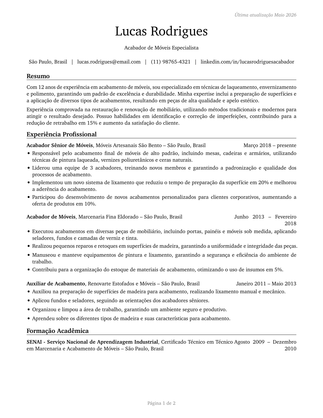 Furniture Finishers CV in Portuguese — page 1
