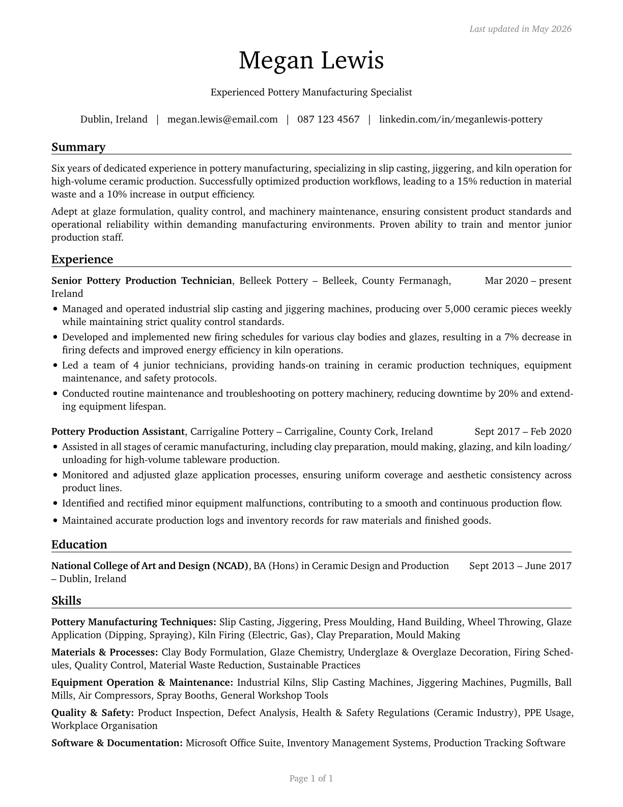 Potters, Manufacturing CV in English — page 1
