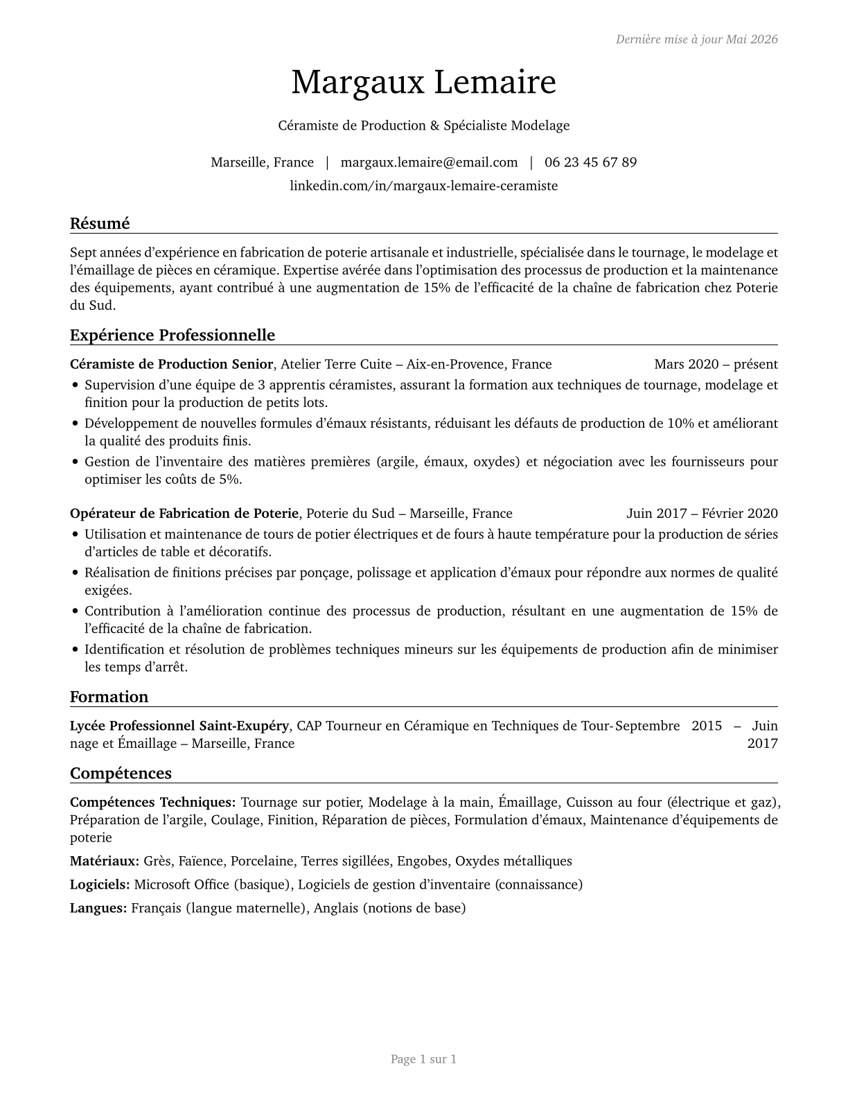 Potters, Manufacturing CV in French — page 1