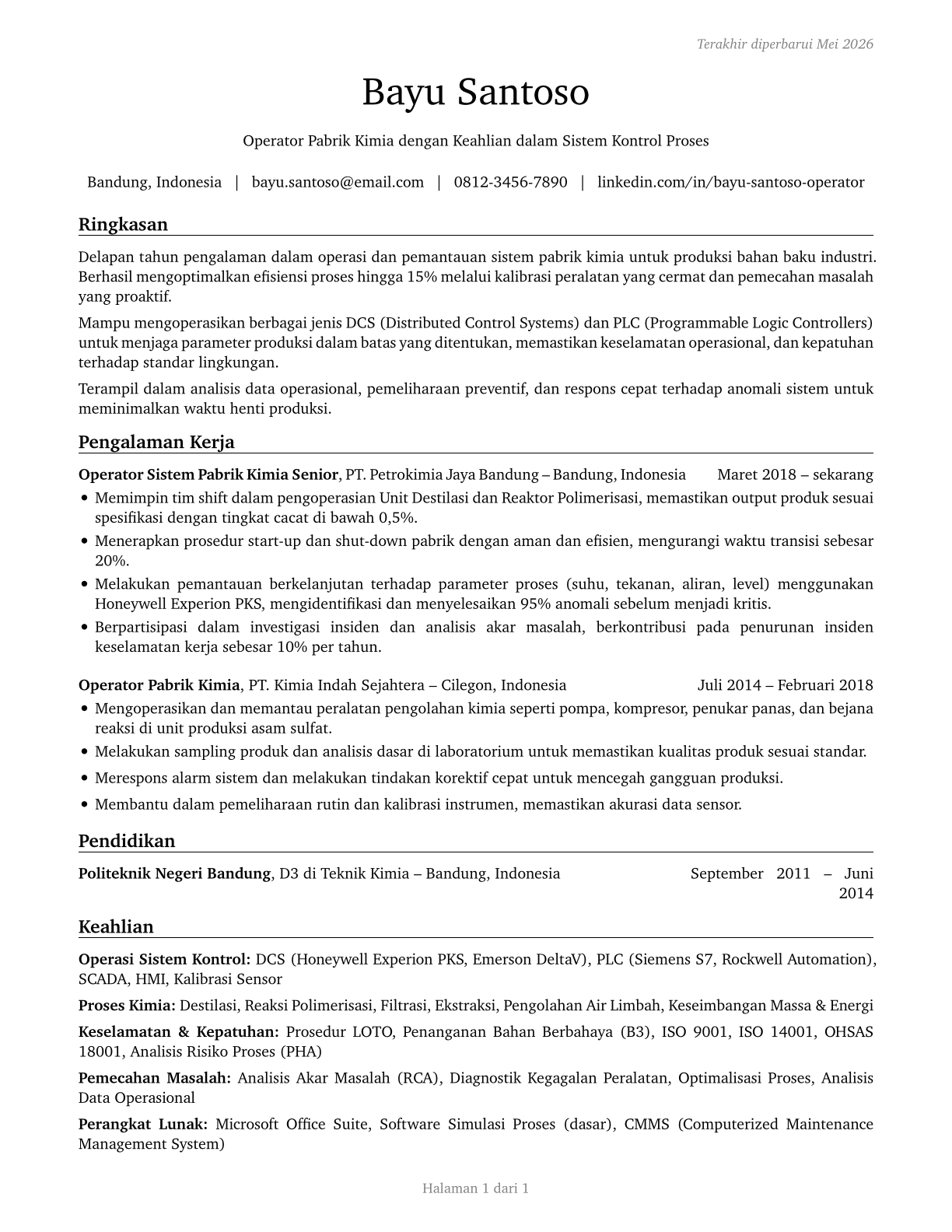 Chemical Plant and System Operators CV in Indonesian — page 1