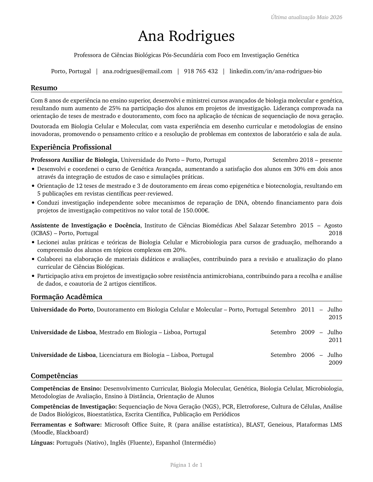 Biological Science Teachers, Postsecondary CV in Portuguese — page 1