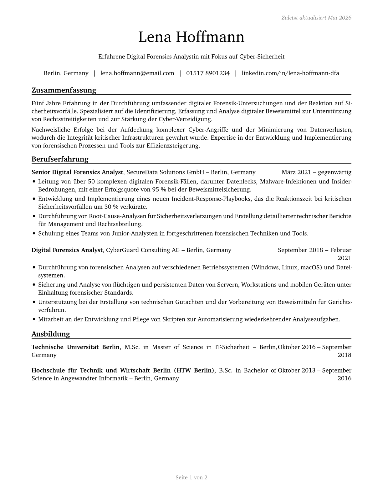 Digital Forensics Analysts CV in German — page 1
