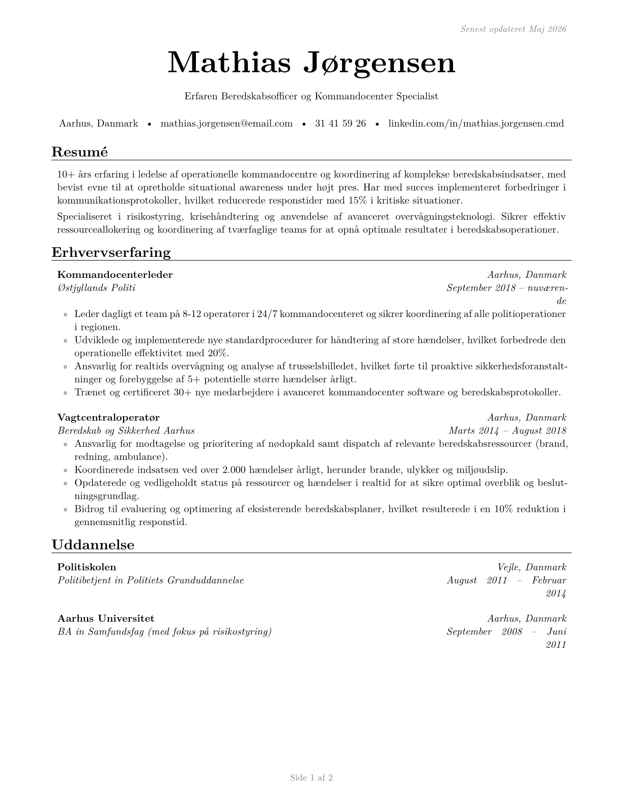 Command and Control Center Officers CV in Danish — page 1