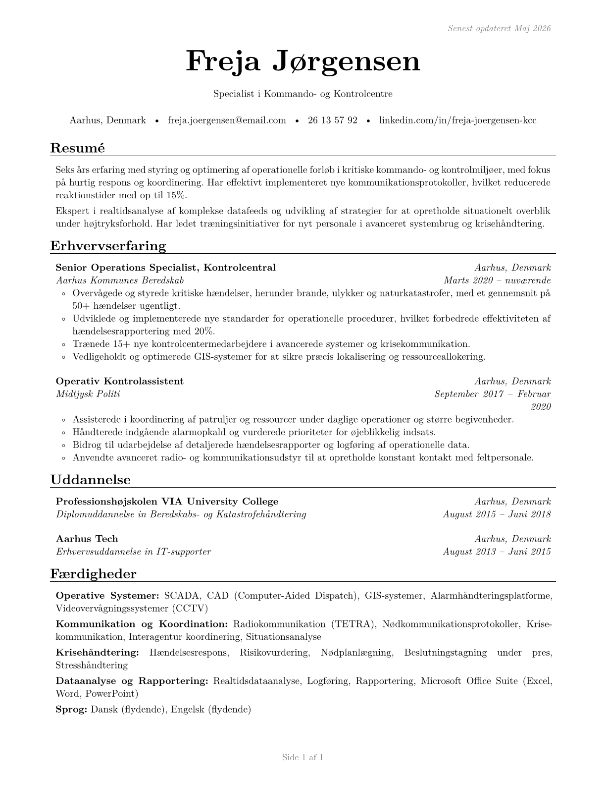 Command and Control Center Specialists CV in Danish — page 1