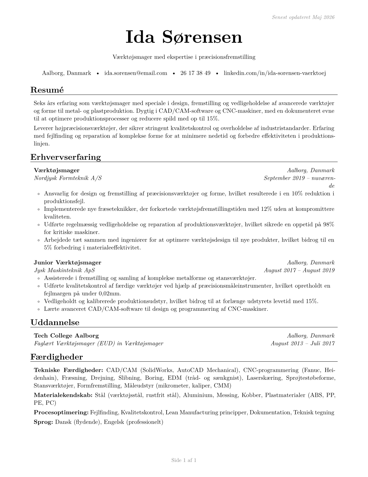 Tool and Die Makers CV in Danish — page 1