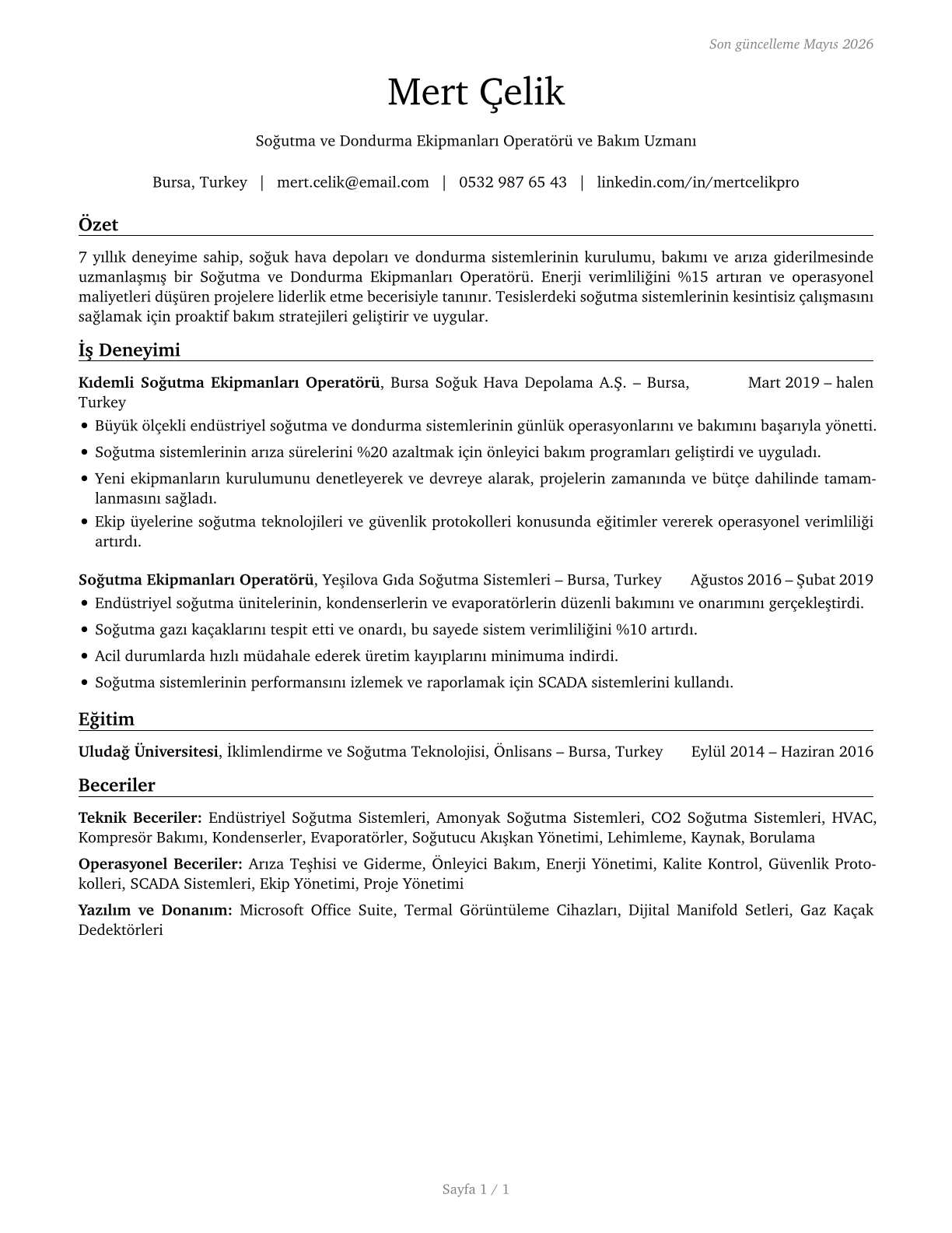 Cooling and Freezing Equipment Operators and Tenders CV in Turkish — page 1