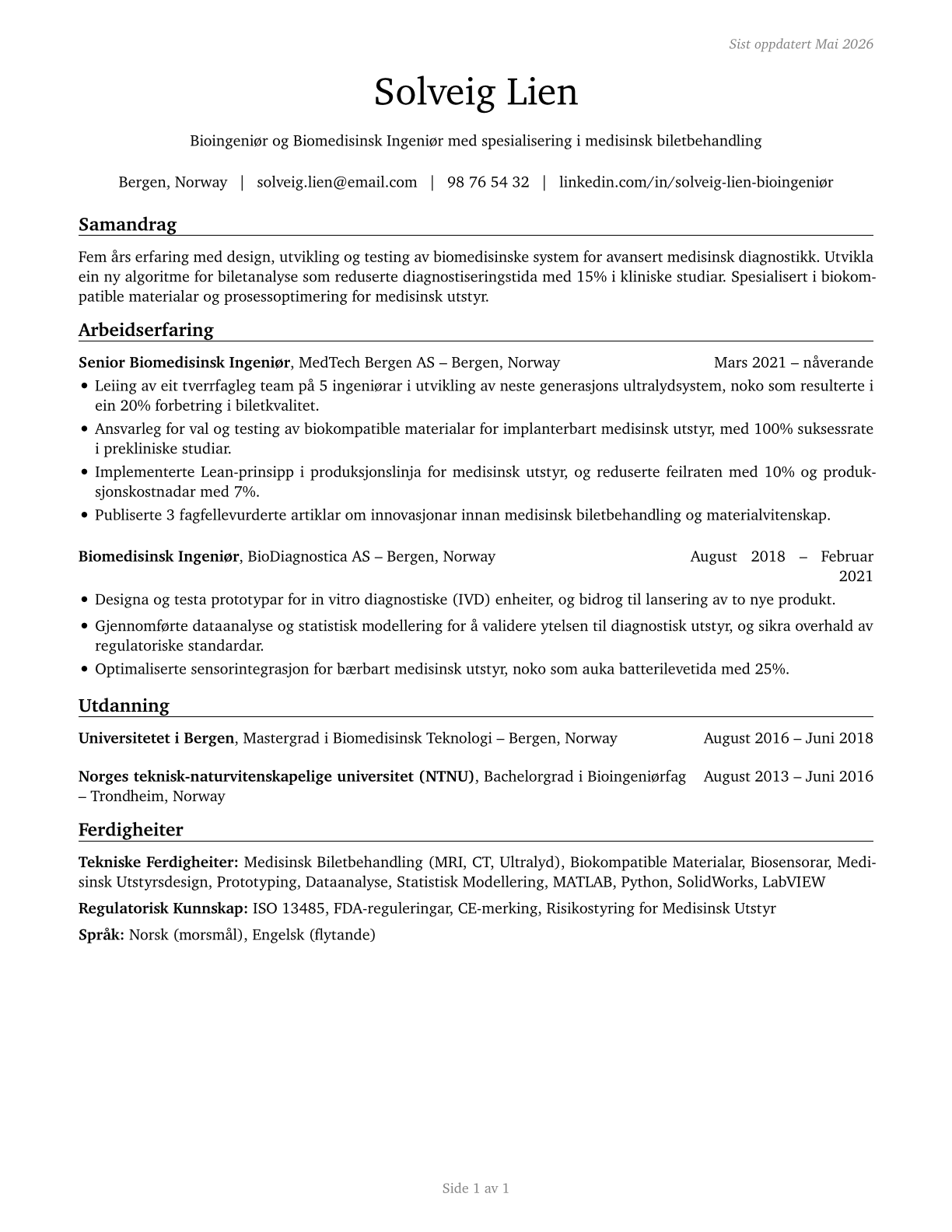 Bioengineers and Biomedical Engineers CV in Norwegian_nynorsk — page 1