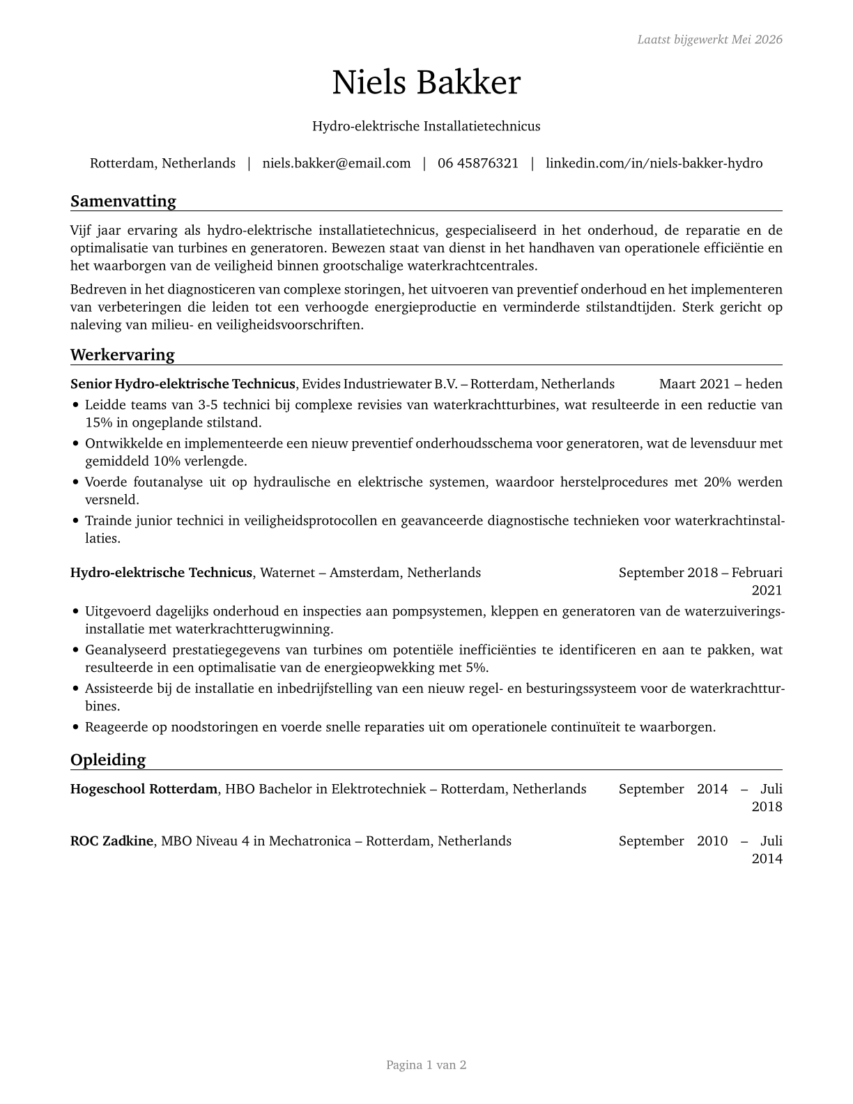 Hydroelectric Plant Technicians CV in Dutch — page 1