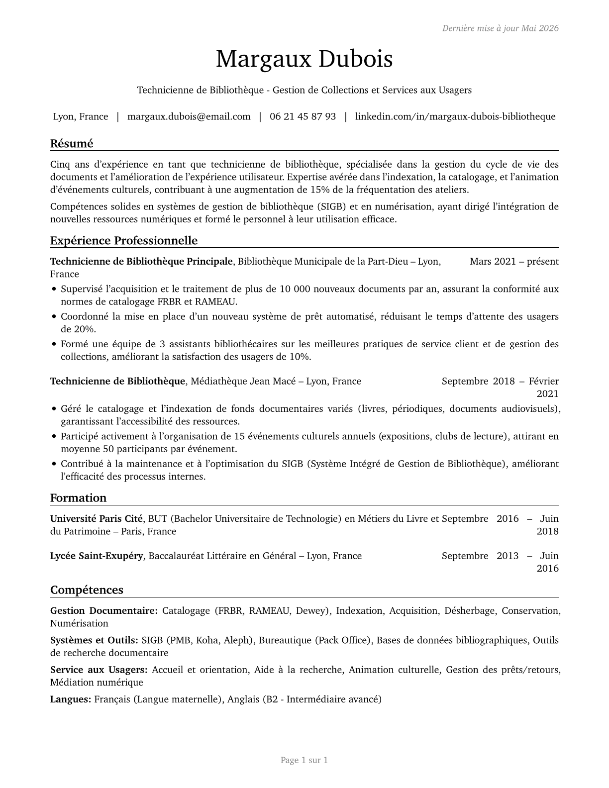 Library Technicians CV in French — page 1