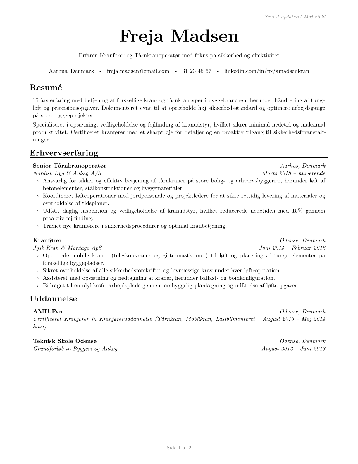 Crane and Tower Operators CV in Danish — page 1