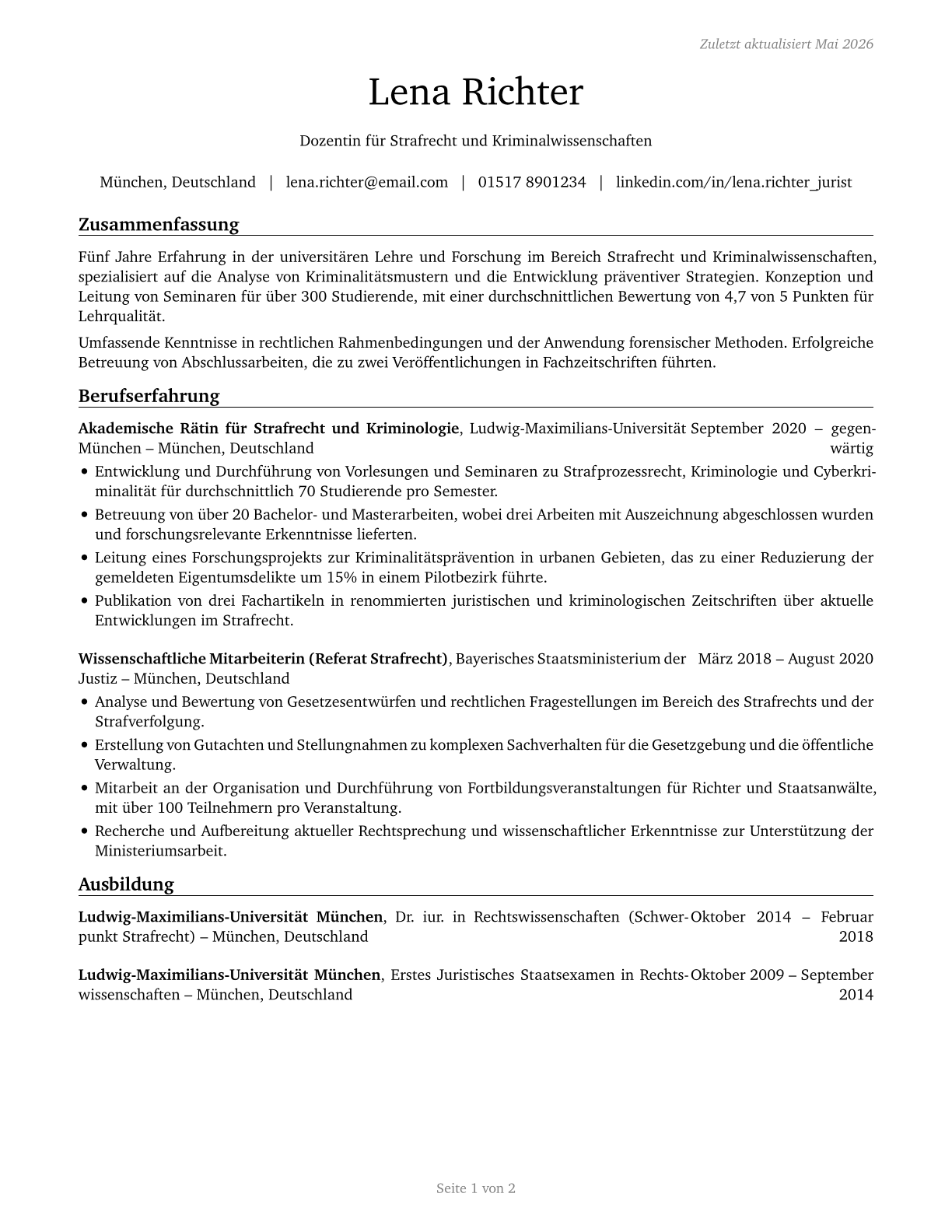 Criminal Justice and Law Enforcement Teachers, Postsecondary CV in German — page 1