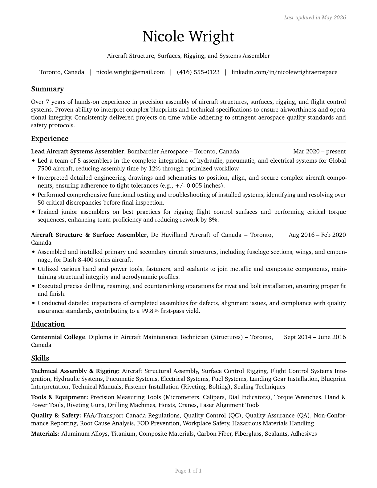 Aircraft Structure, Surfaces, Rigging, and Systems Assemblers CV in English — page 1