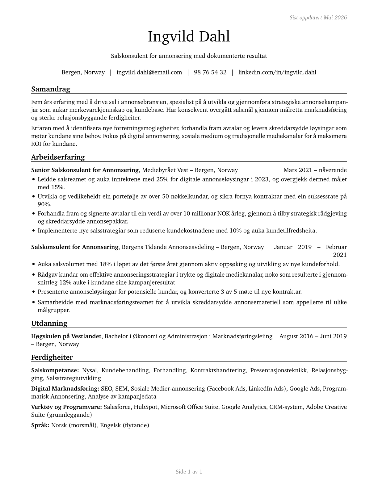 Advertising Sales Agents CV in Norwegian_nynorsk — page 1