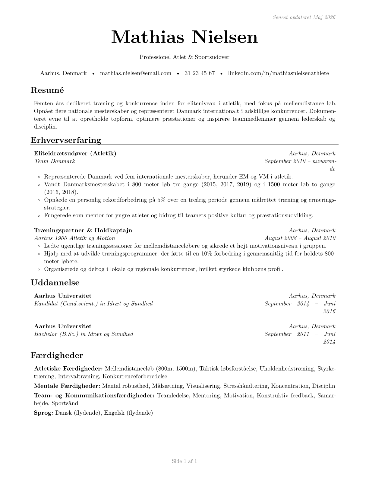 Athletes and Sports Competitors CV in Danish — page 1