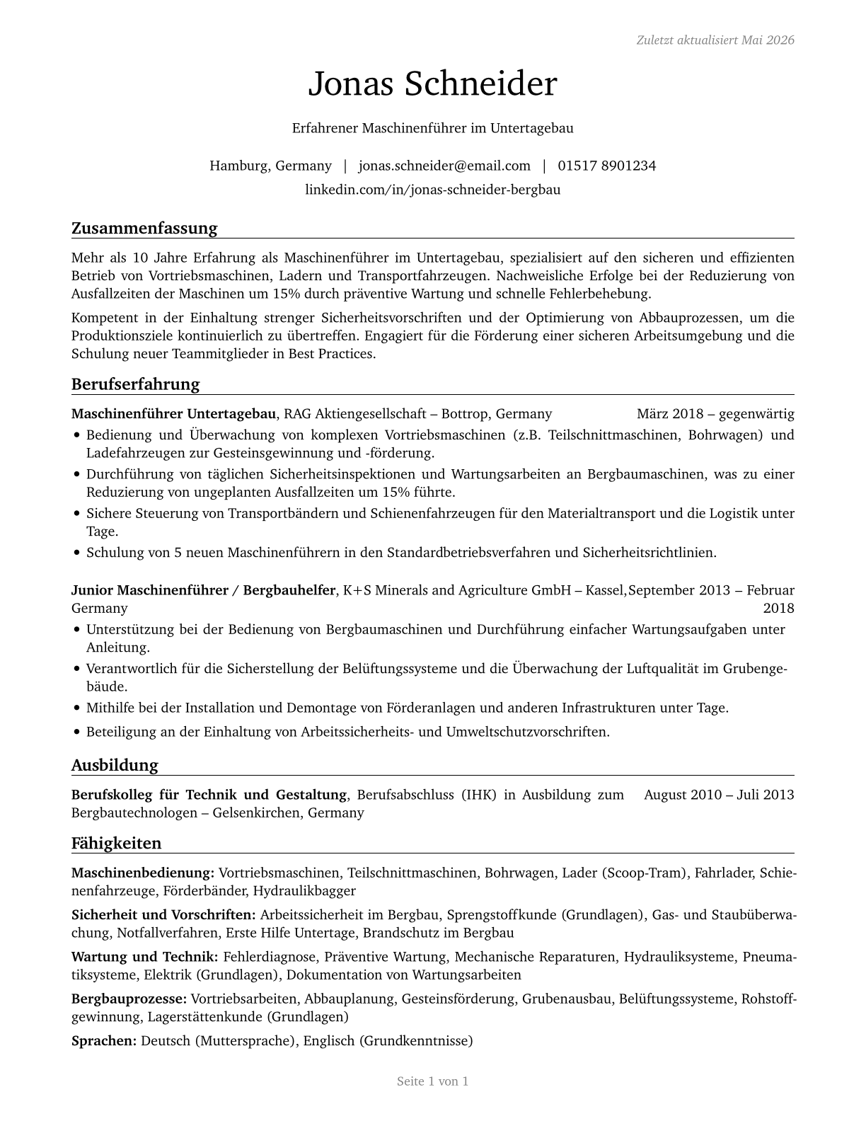 Underground Mining Machine Operators, All Other CV in German — page 1