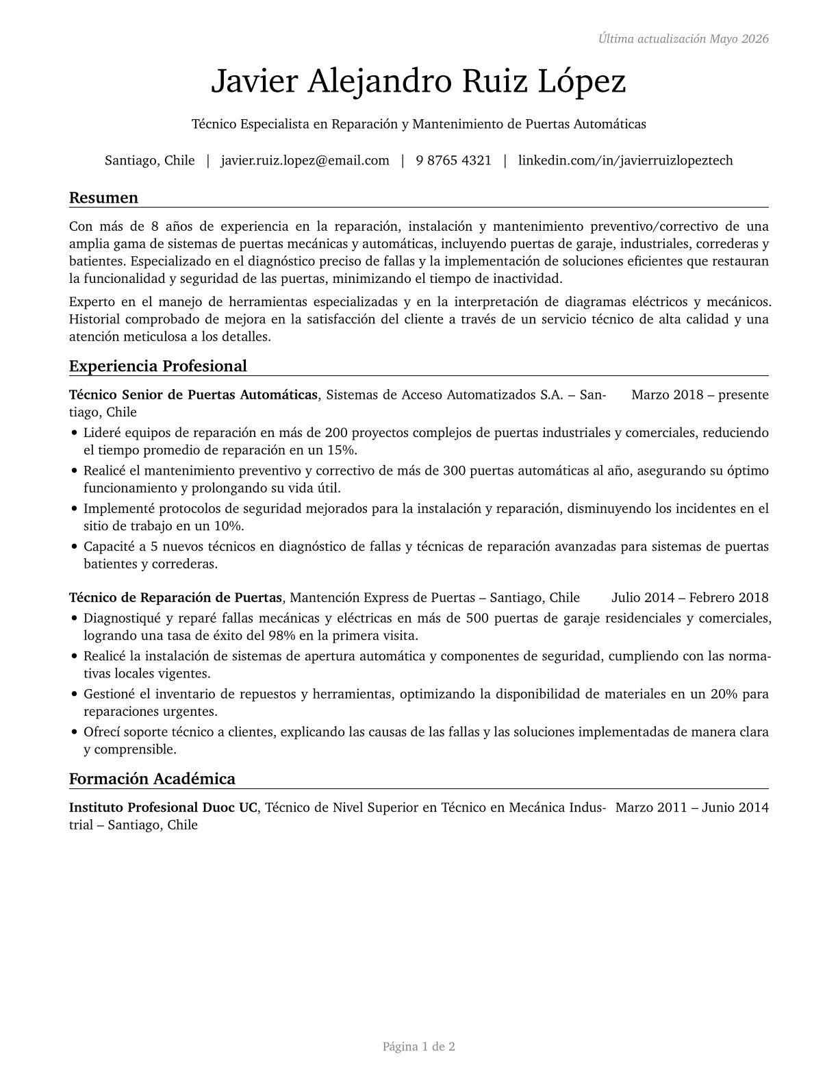 Mechanical Door Repairers CV in Spanish — page 1