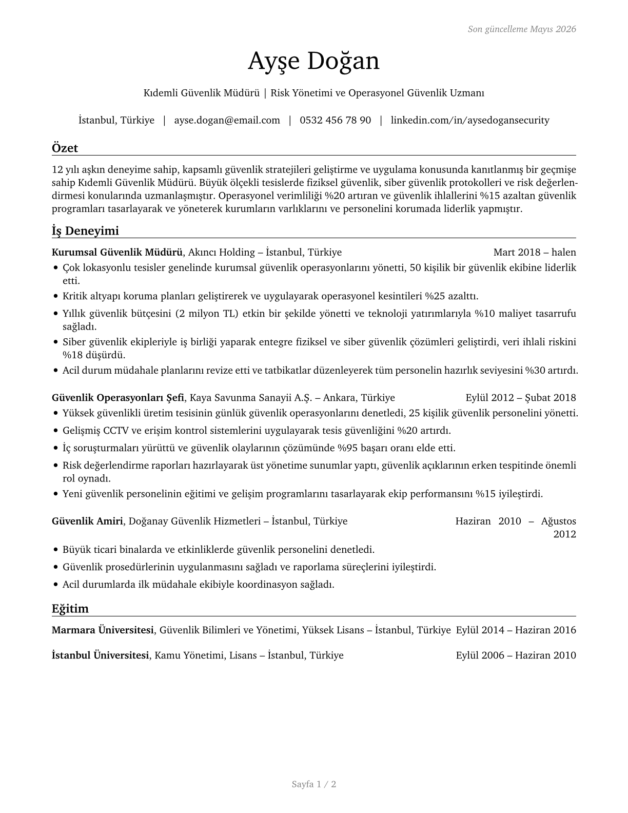 Security Managers CV in Turkish — page 1