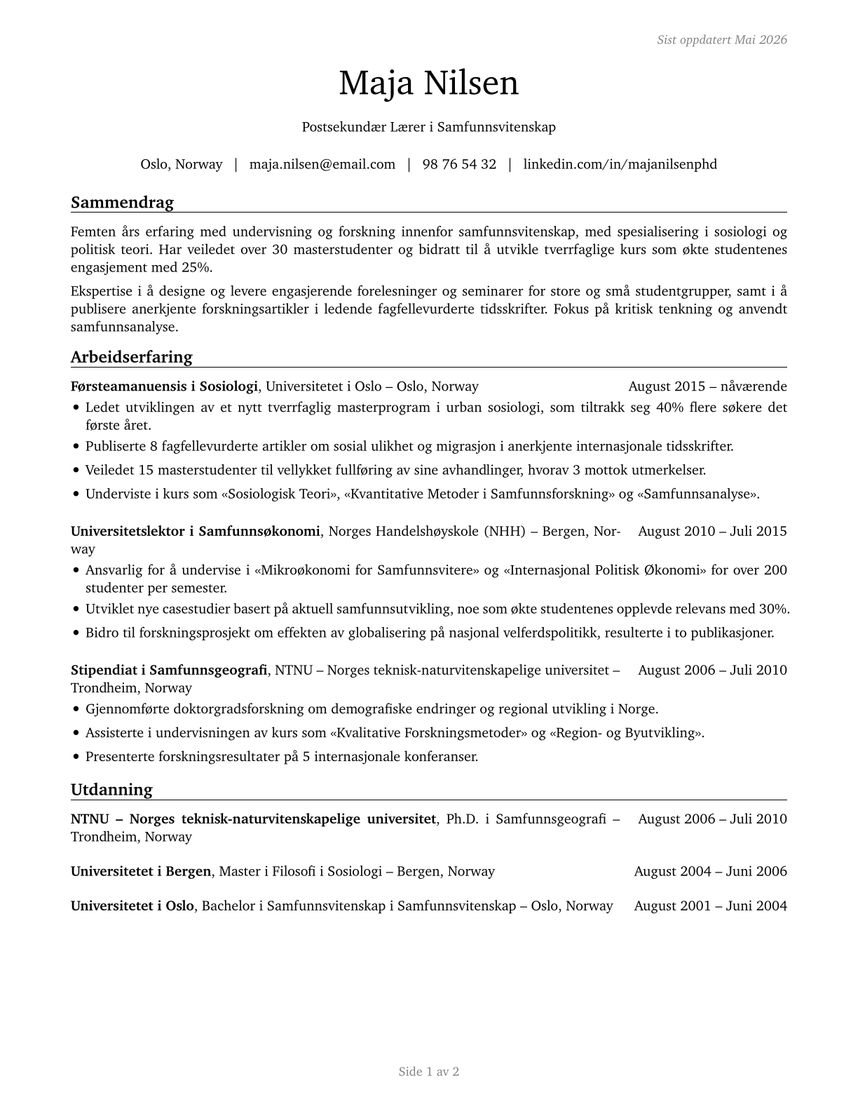 Social Sciences Teachers, Postsecondary, All Other CV in Norwegian_bokmal — page 1