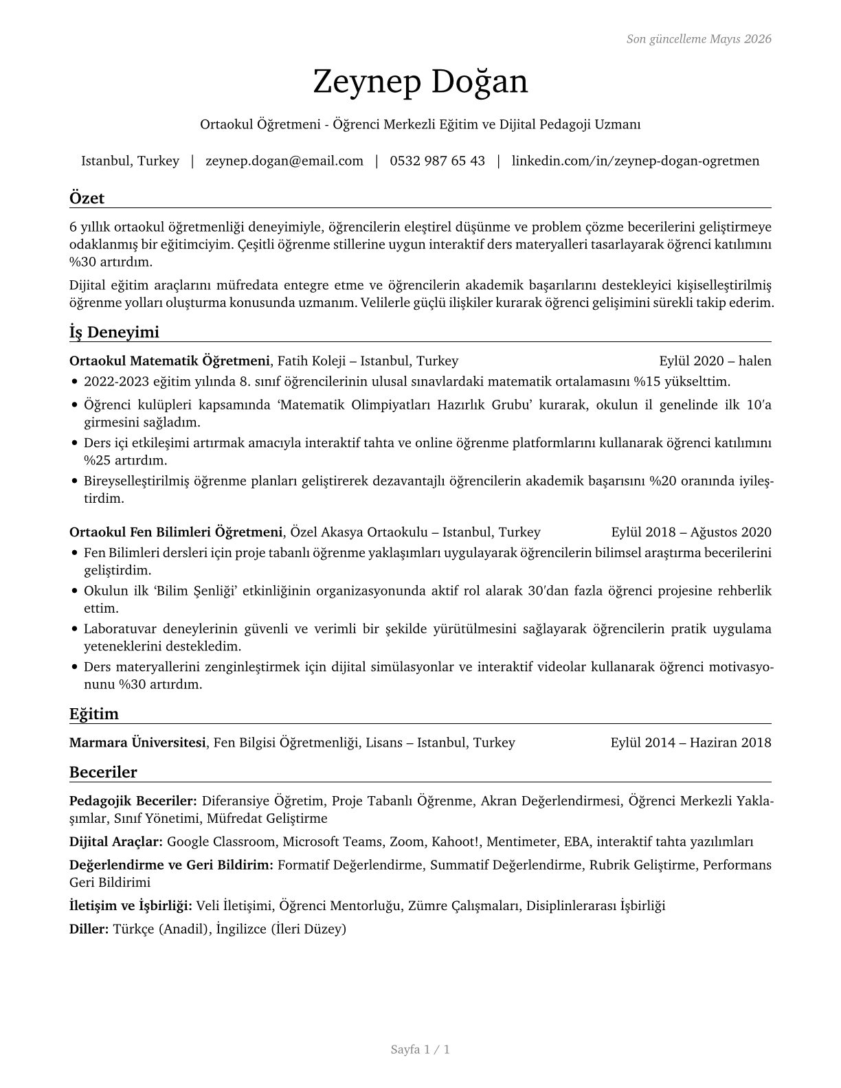 Middle School Teachers, Except Special and Career/Technical Education CV in Turkish — page 1