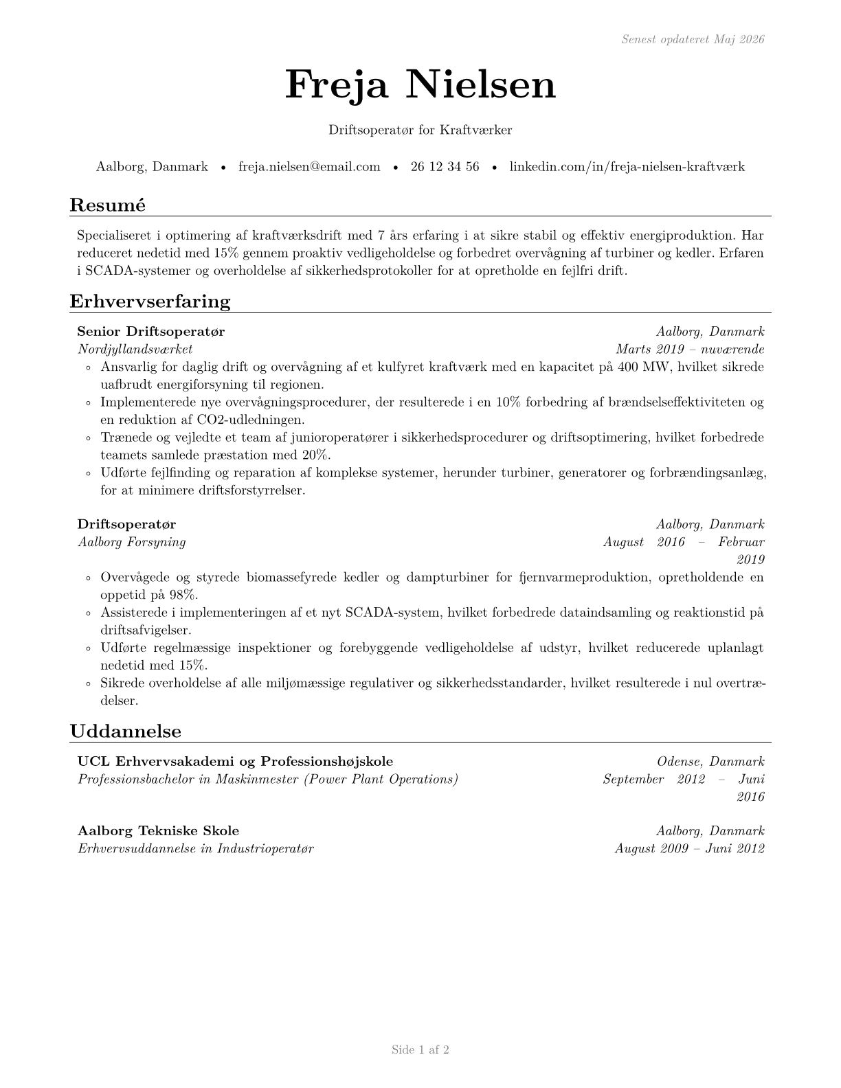 Power Plant Operators CV in Danish — page 1