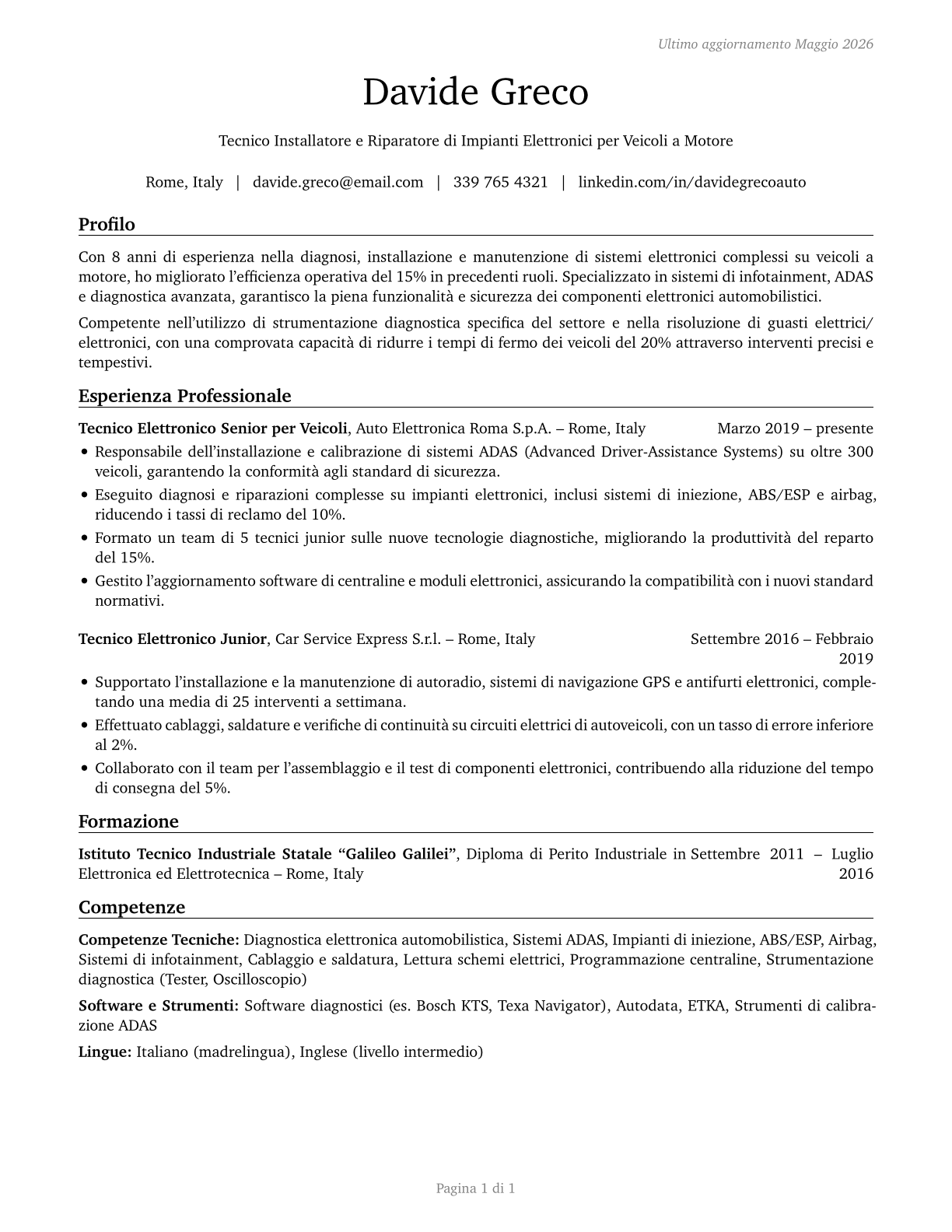 Electronic Equipment Installers and Repairers, Motor Vehicles CV in Italian — page 1