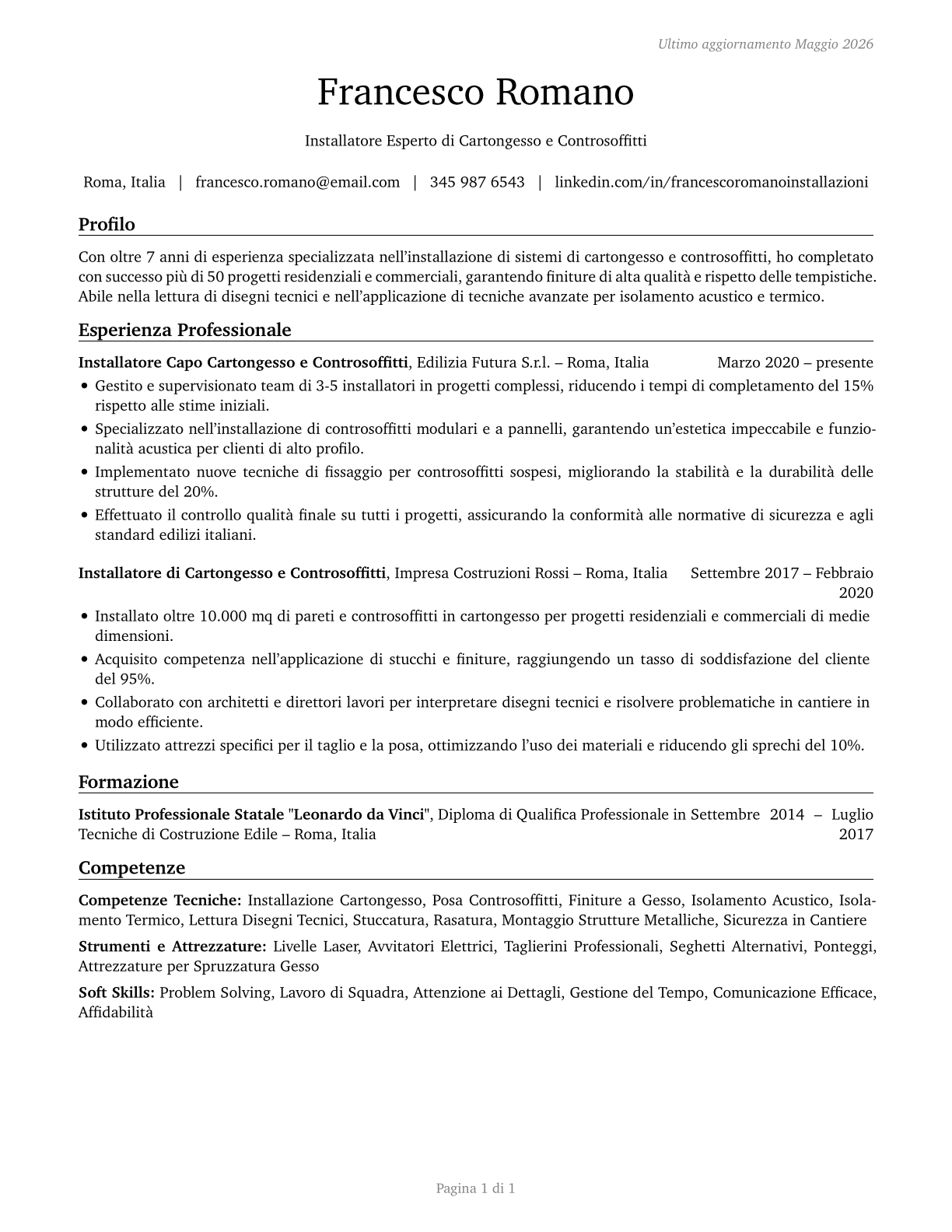 Drywall and Ceiling Tile Installers CV in Italian — page 1