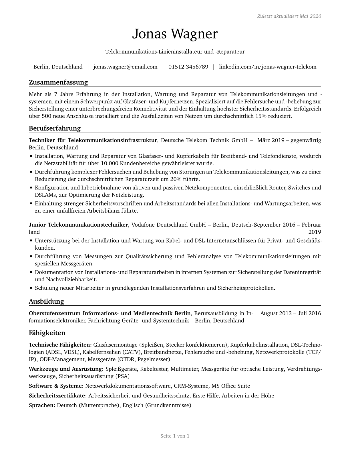 Telecommunications Line Installers and Repairers CV in German — page 1