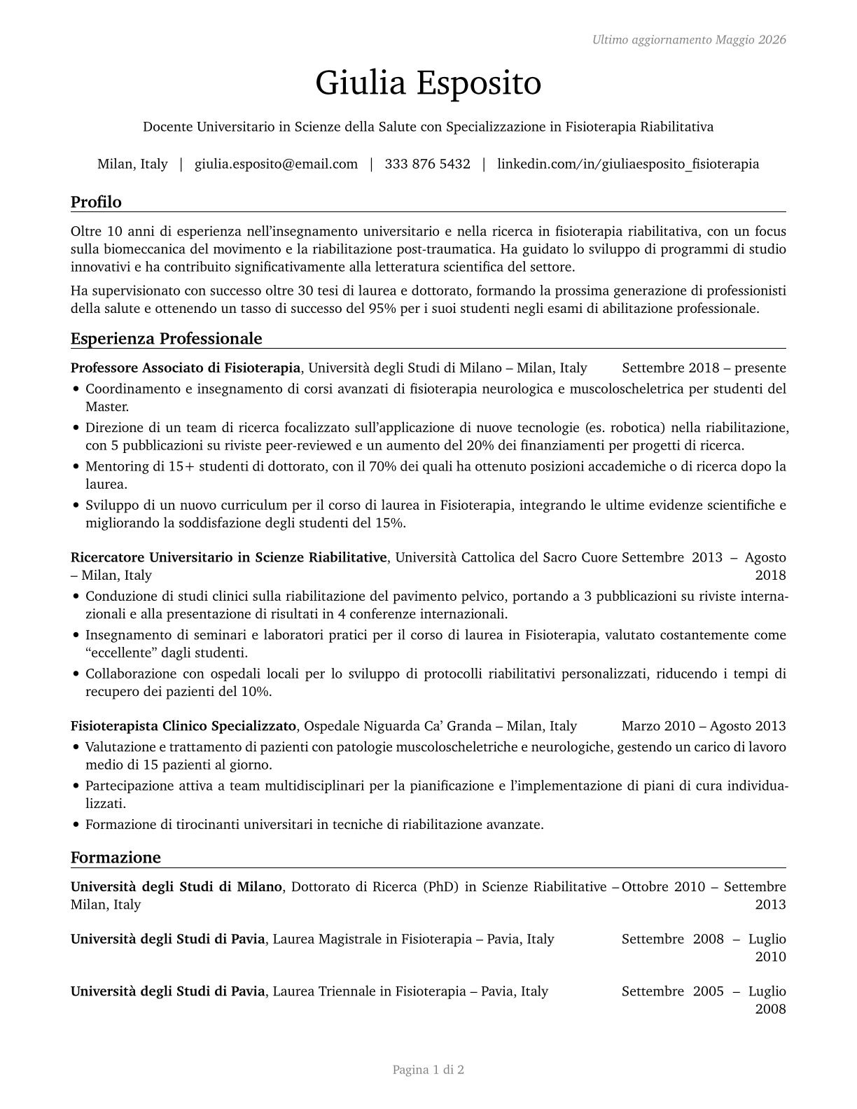 Health Specialties Teachers, Postsecondary CV in Italian — page 1