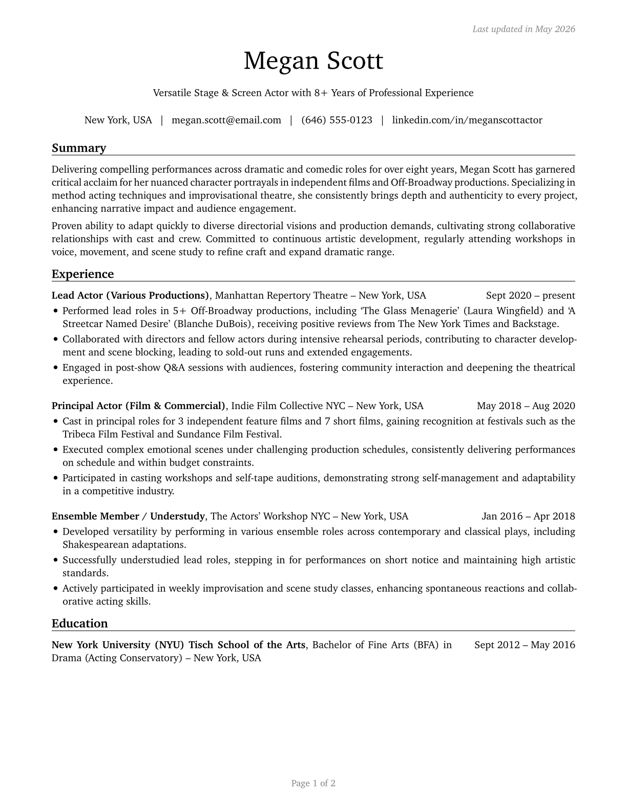 Actors CV in English — page 1