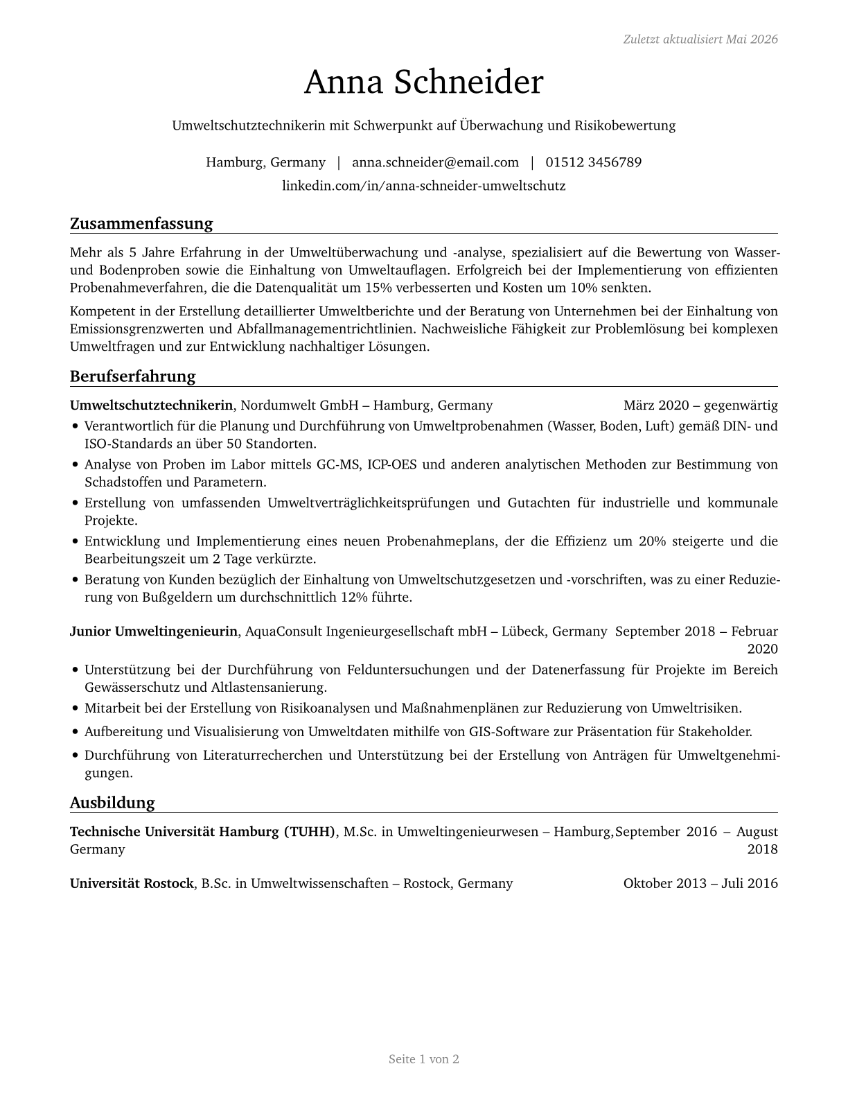 Environmental Science and Protection Technicians, Including Health CV in German — page 1