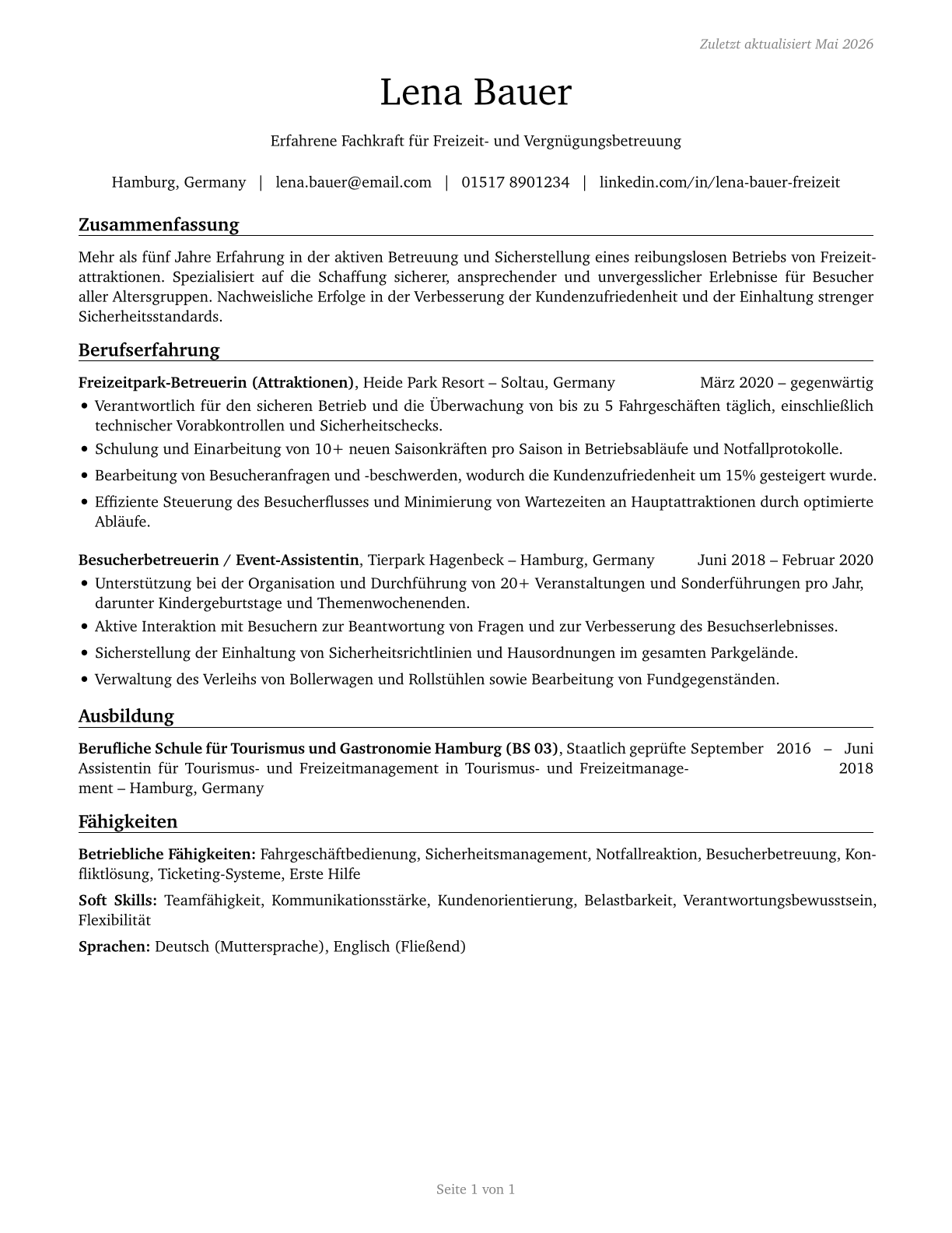 Amusement and Recreation Attendants CV in German — page 1