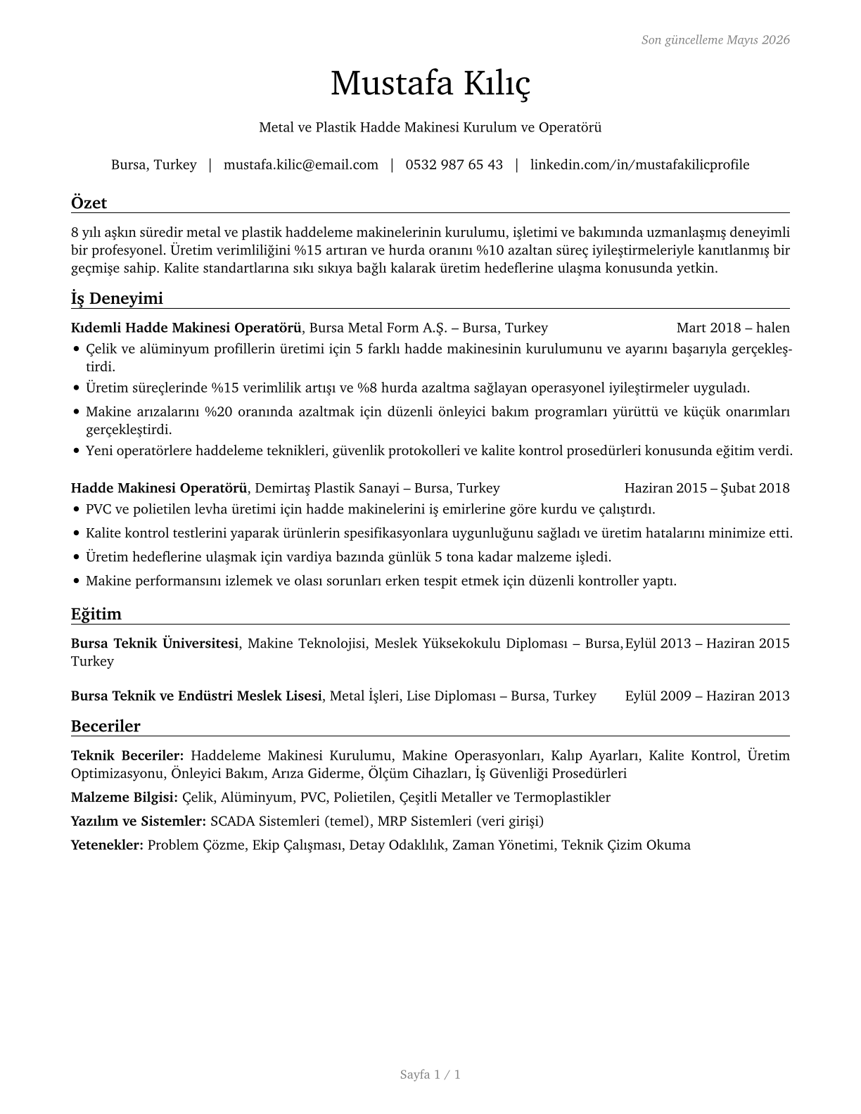 Rolling Machine Setters, Operators, and Tenders, Metal and Plastic CV in Turkish — page 1