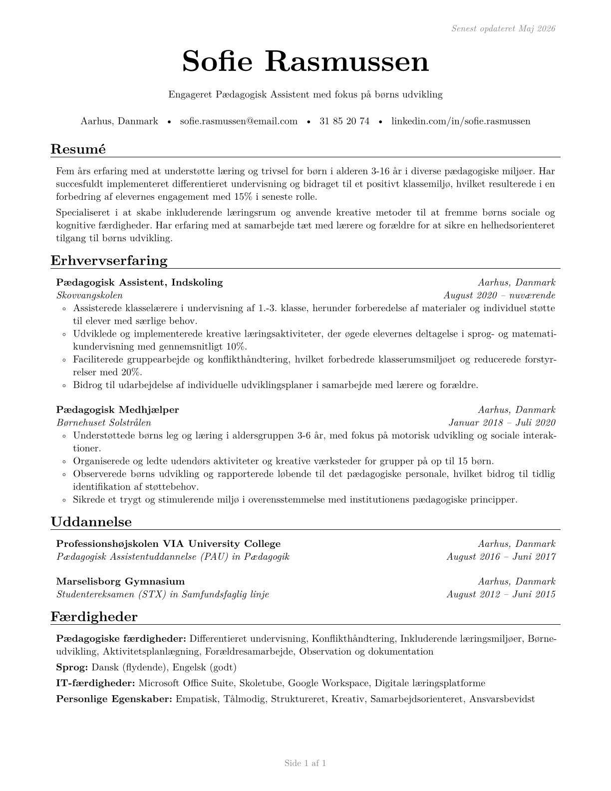 Teaching Assistants, Preschool, Elementary, Middle, and Secondary School, Except Special Education CV in Danish — page 1