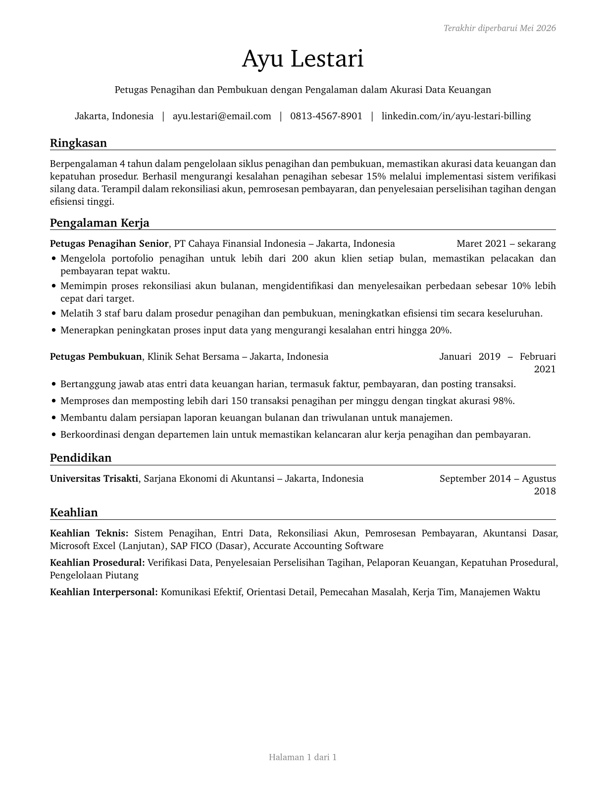 Billing and Posting Clerks CV in Indonesian — page 1
