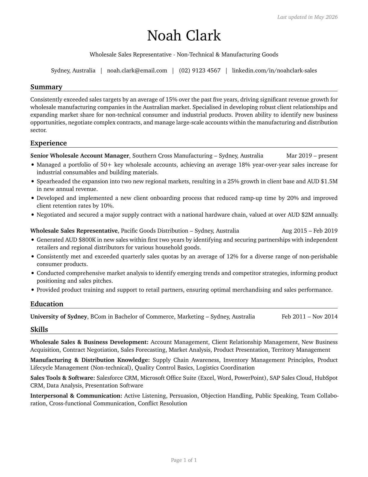 Sales Representatives, Wholesale and Manufacturing, Except Technical and Scientific Products CV in English — page 1