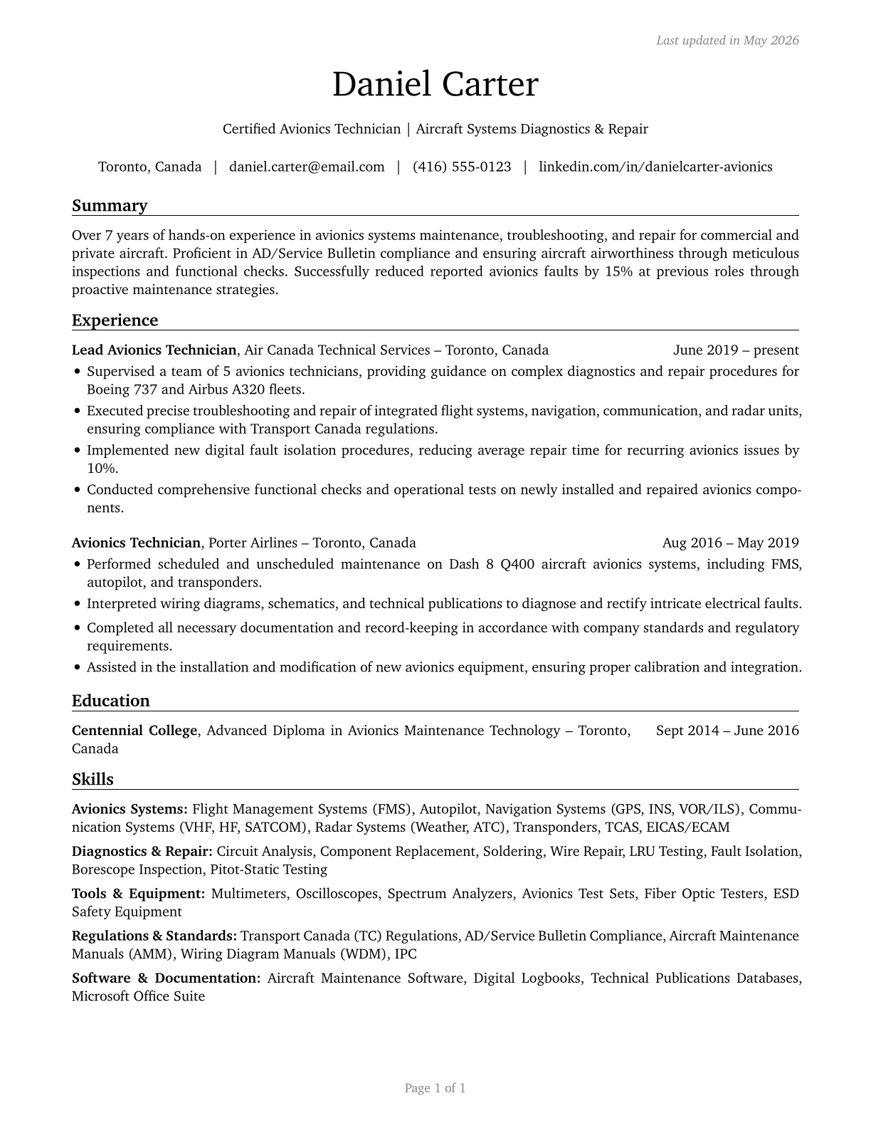 Avionics Technicians CV in English — page 1