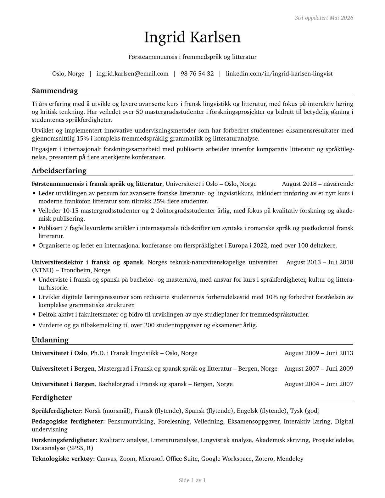 Foreign Language and Literature Teachers, Postsecondary CV in Norwegian_bokmal — page 1